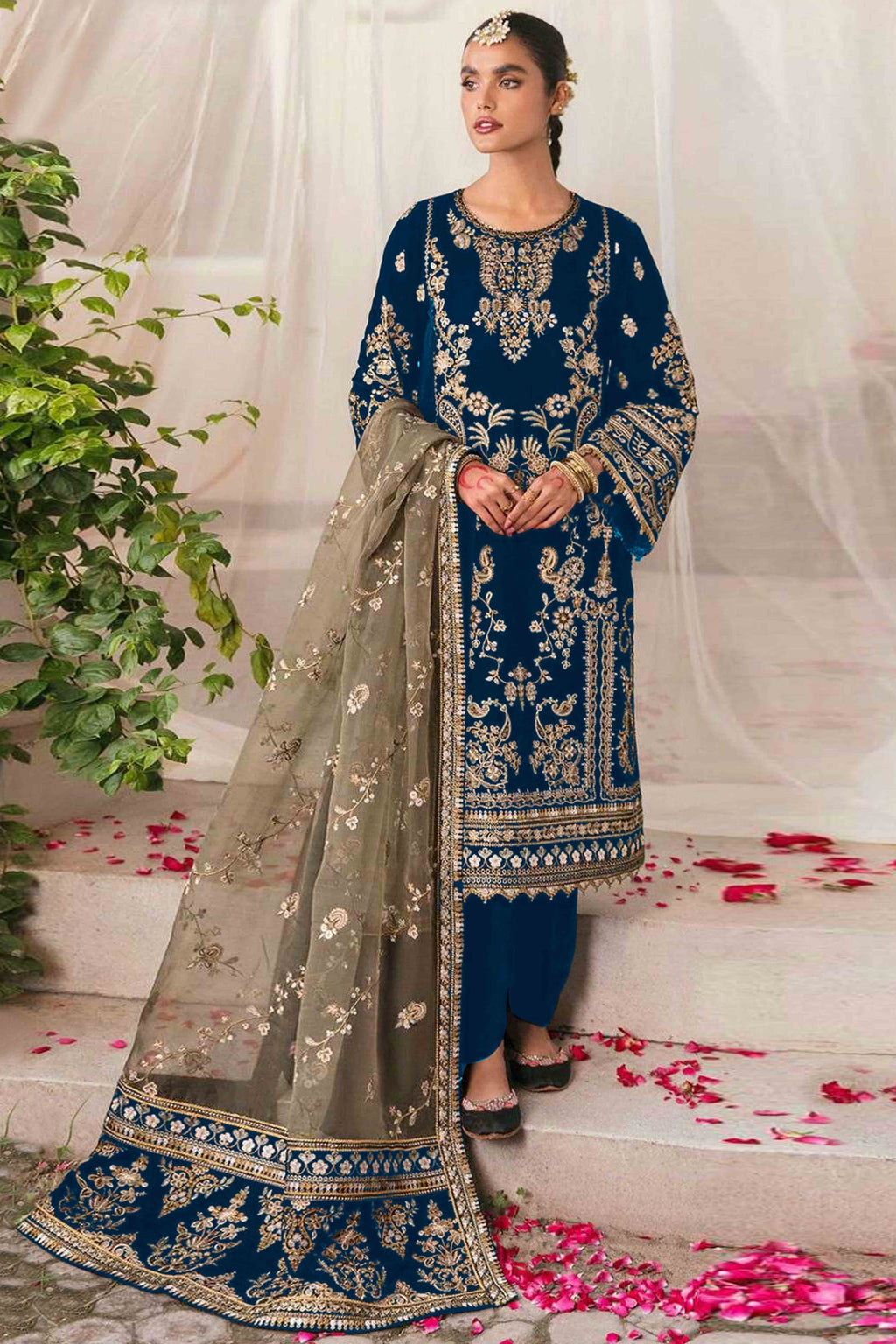 Dark Blue Velvet Dress Material Adorned with Sequins & Thread Embroidery