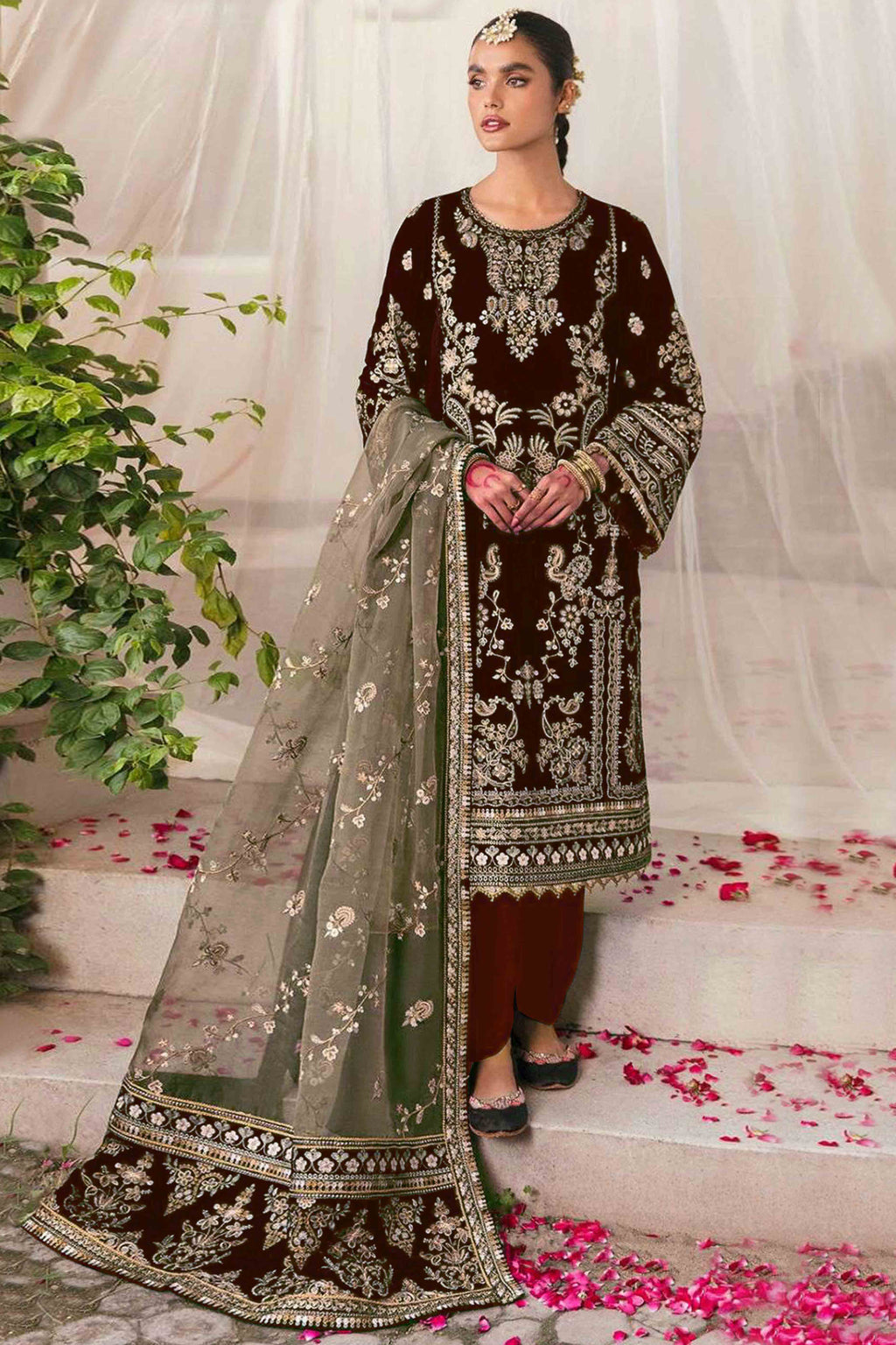 Dark Brown Velvet Dress Material Adorned with Sequins & Thread Embroidery