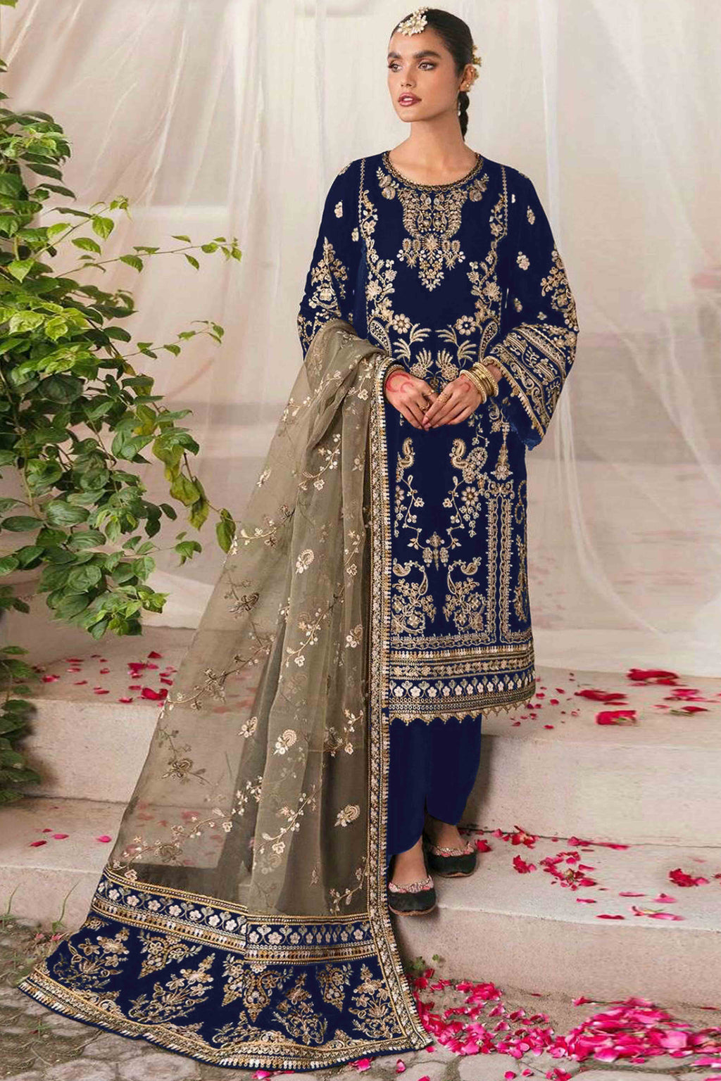 Navy Blue Velvet Dress Material Adorned with Sequins & Thread Embroidery