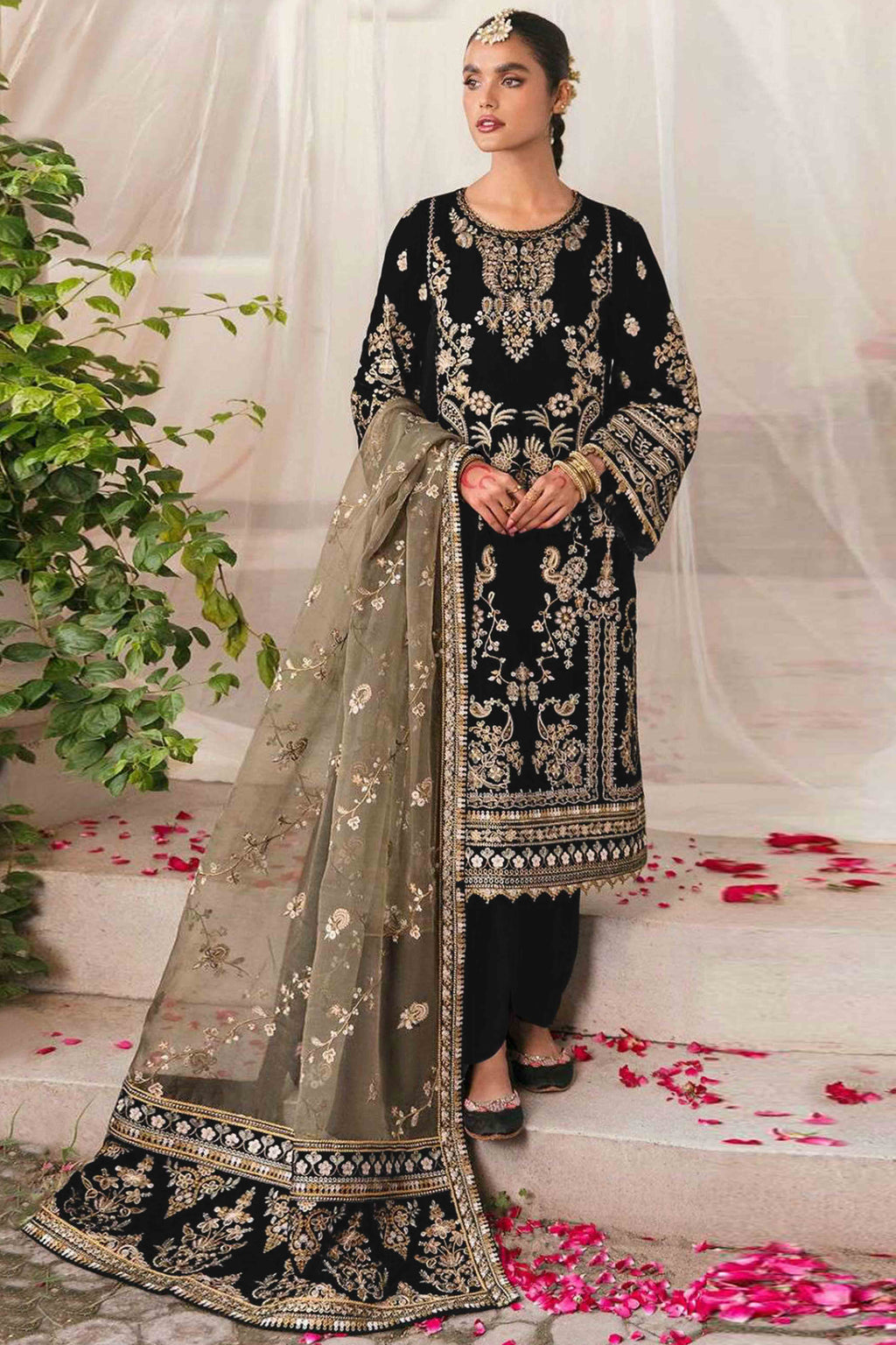 Black Velvet Dress Material Adorned with Sequins & Thread Embroidery