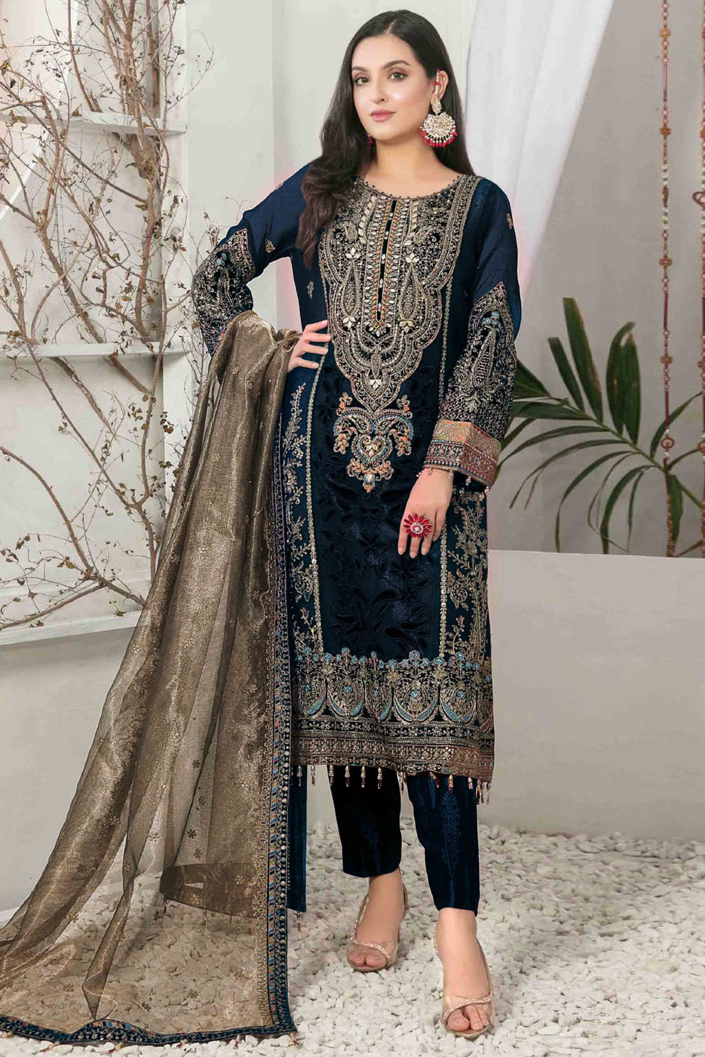Navy Blue Velvet Dress Material Adorned with Sequins & Thread Embroidery