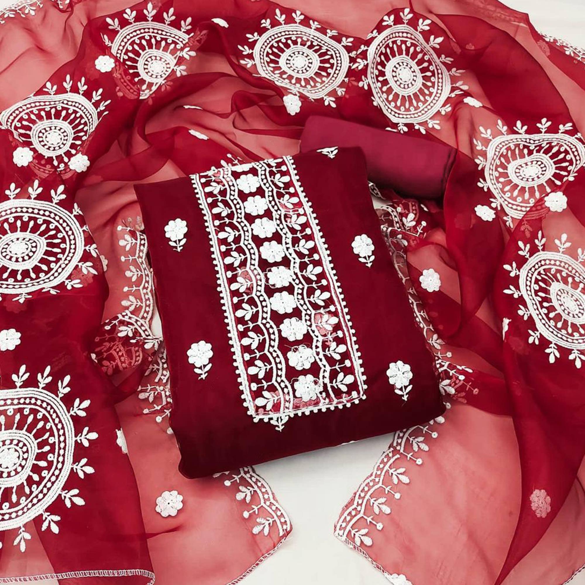 Maroon Floral Embroidered Organza Dress Material
