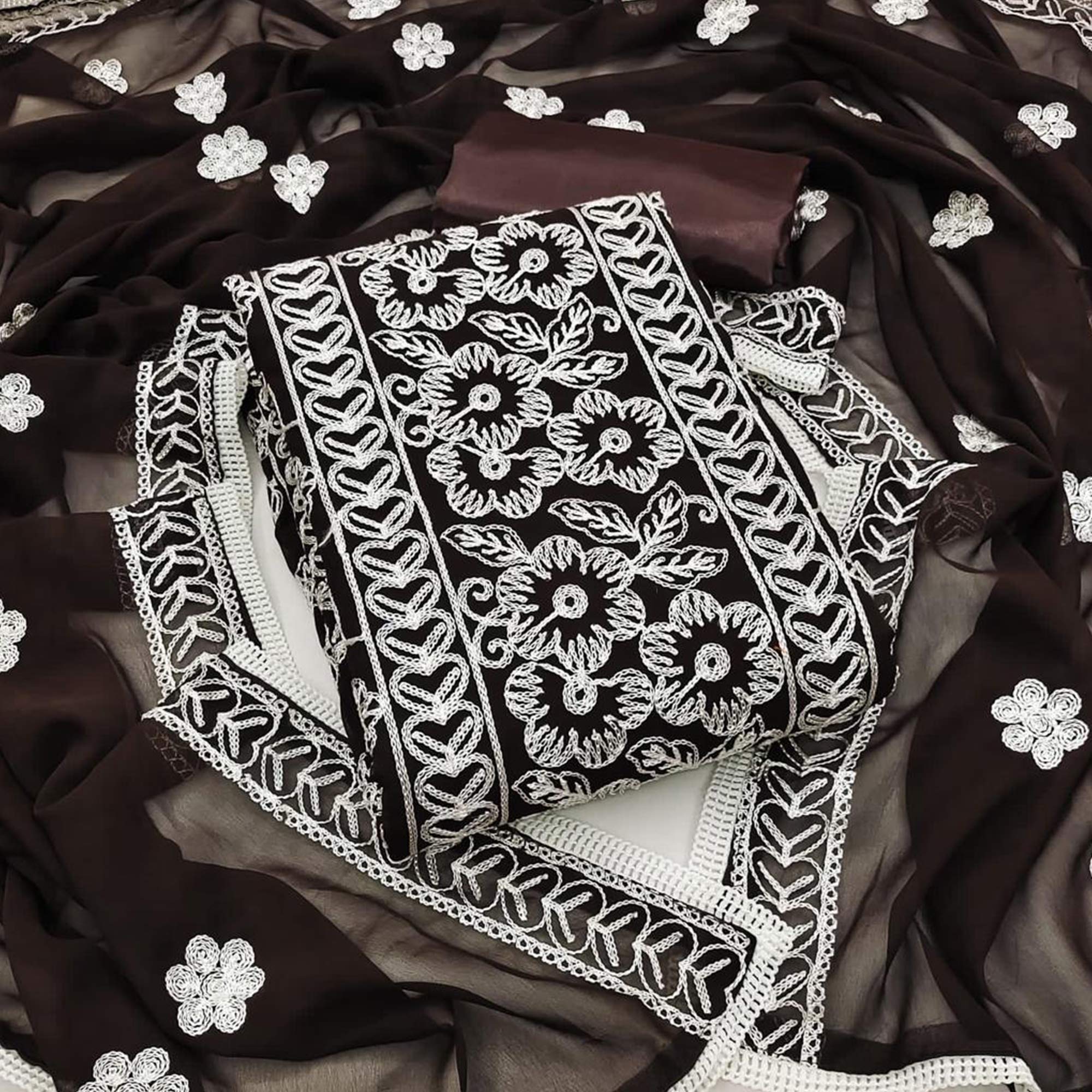 Coffee Brown Floral Embroidered Georgette Dress Material