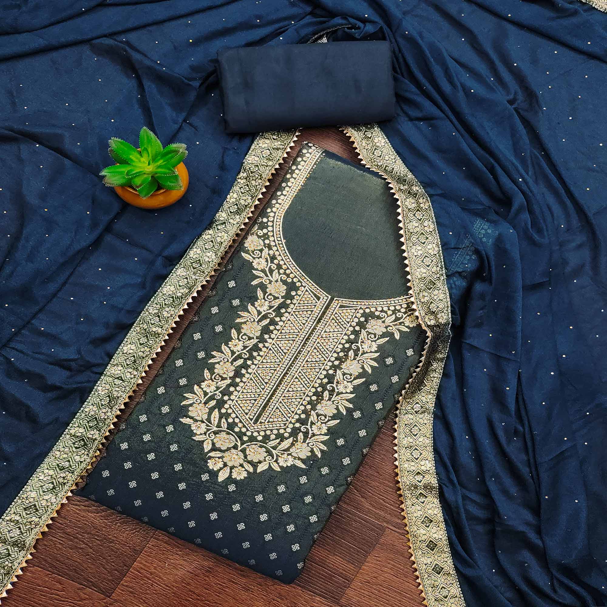 Blue Floral Woven With Stonework Jacquard Dress Material