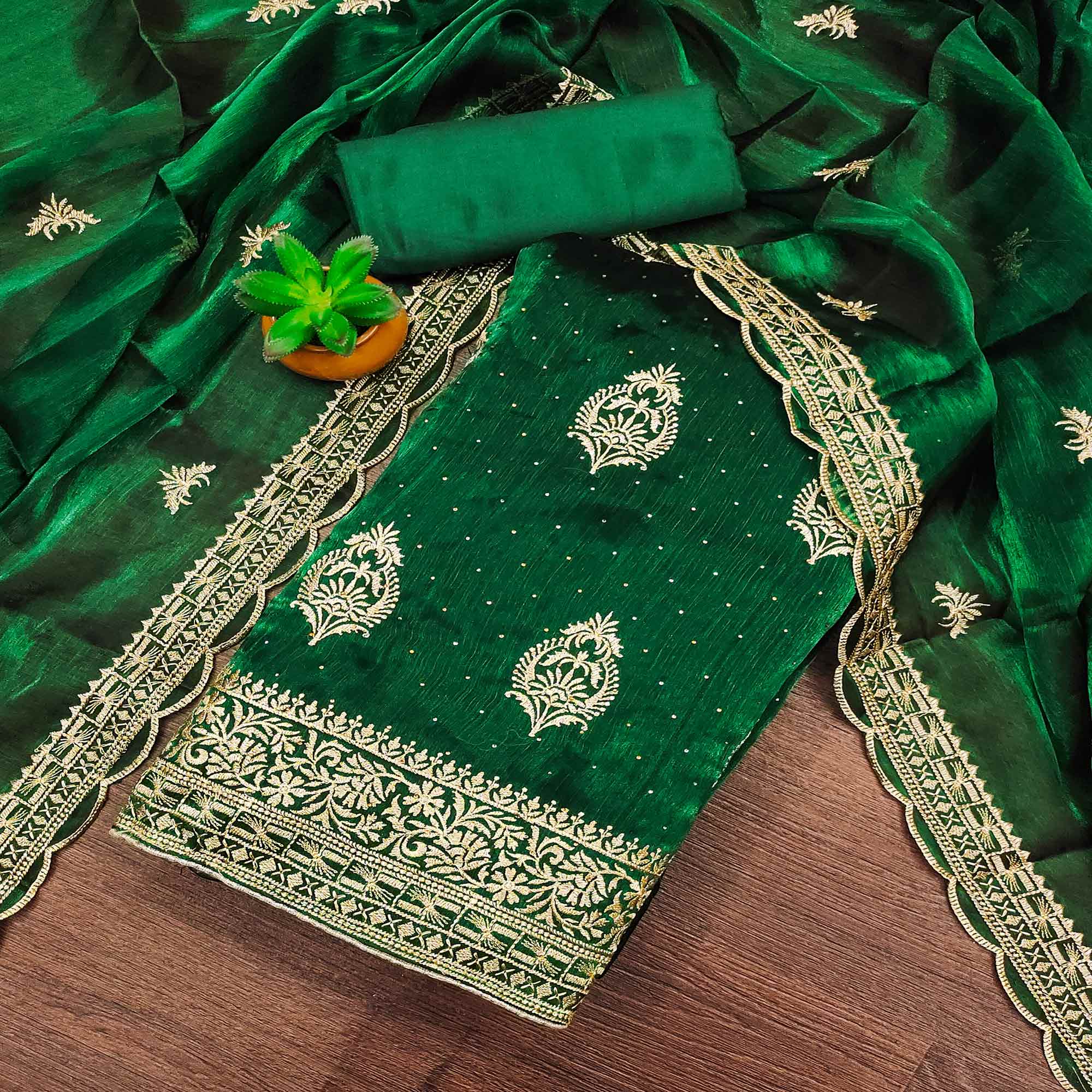 Green Floral Embroidery With Stonework Mulberry Silk Dress Material