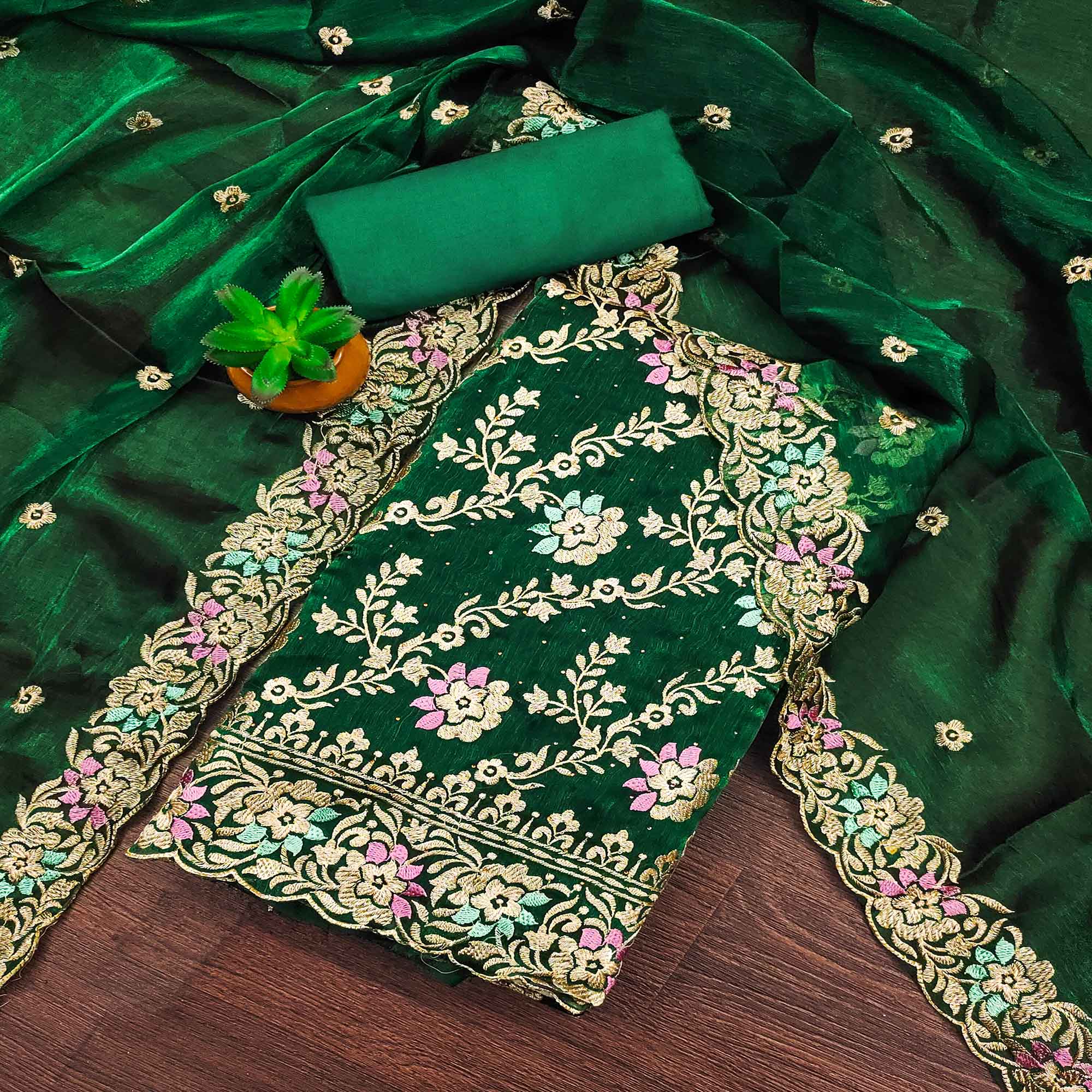 Green Floral Embroidery With Stonework Mulberry Silk Dress Material