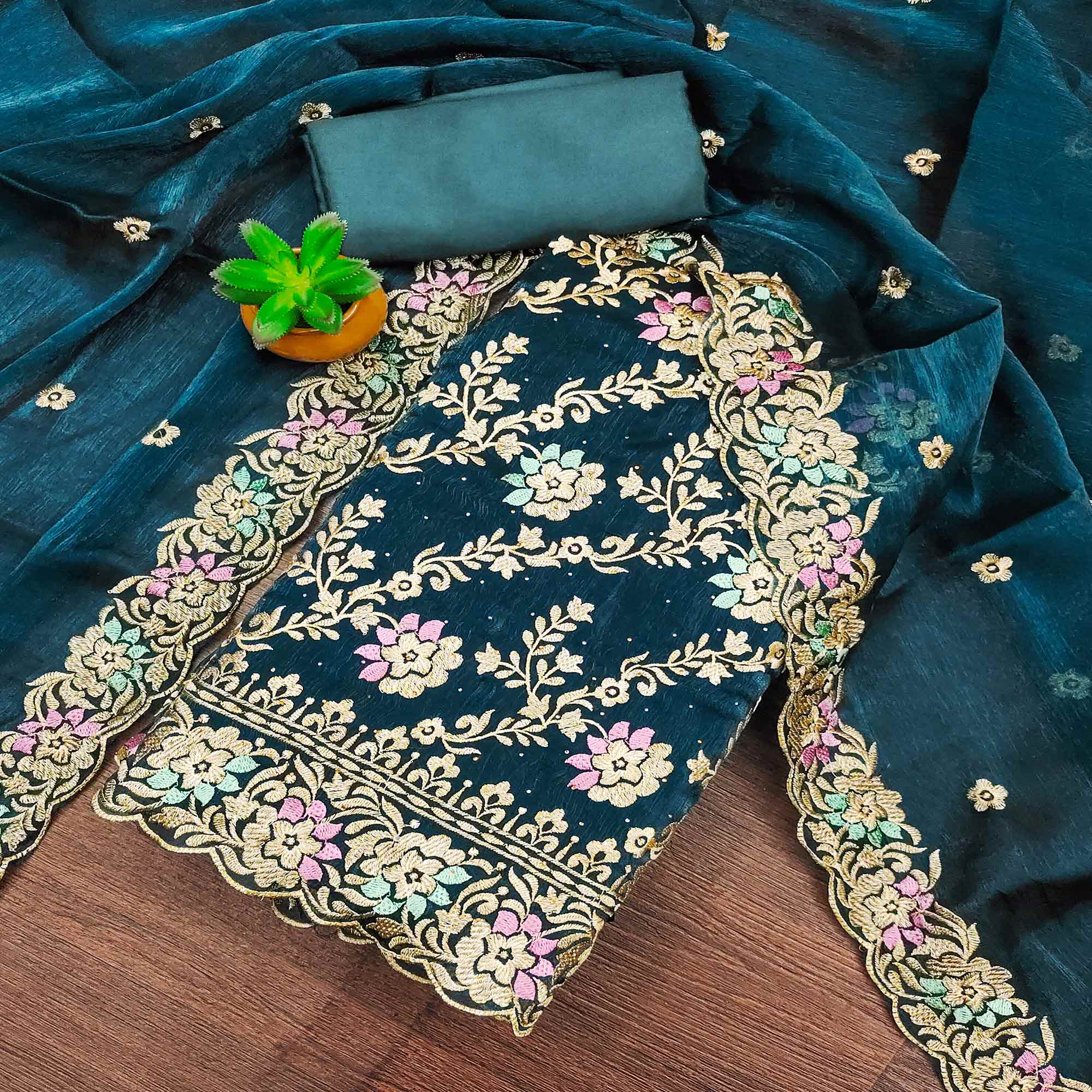 Morpich Floral Embroidery With Stonework Mulberry Silk Dress Material