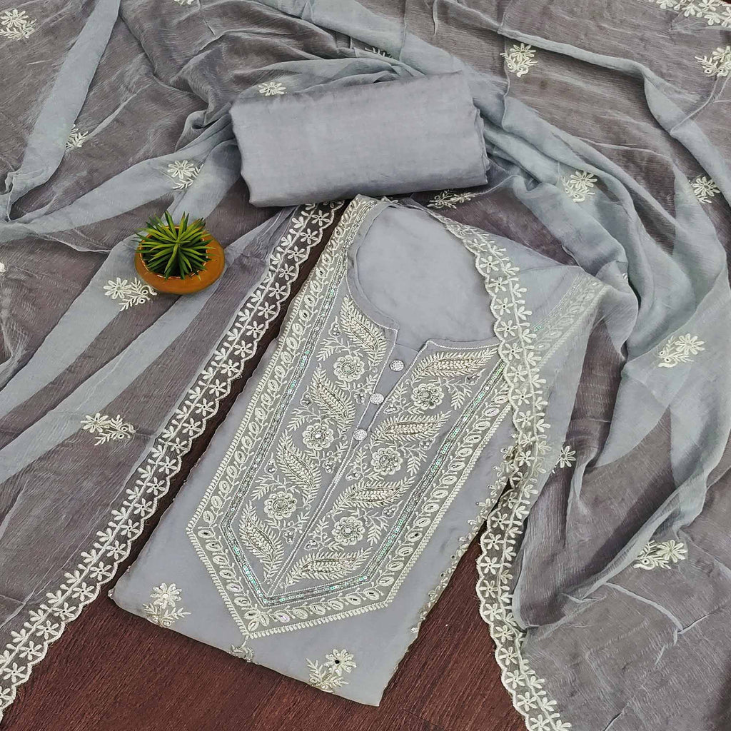Grey Floral Sequins Embroidered Organza Dress Material
