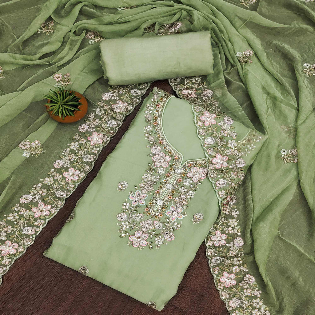 Green Floral Sequins Embroidered Organza Dress Material