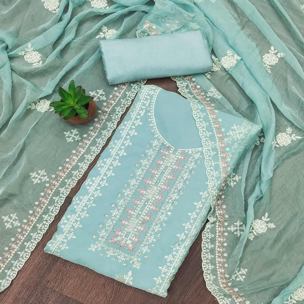 Blue Floral Embroidered Organza Dress Material