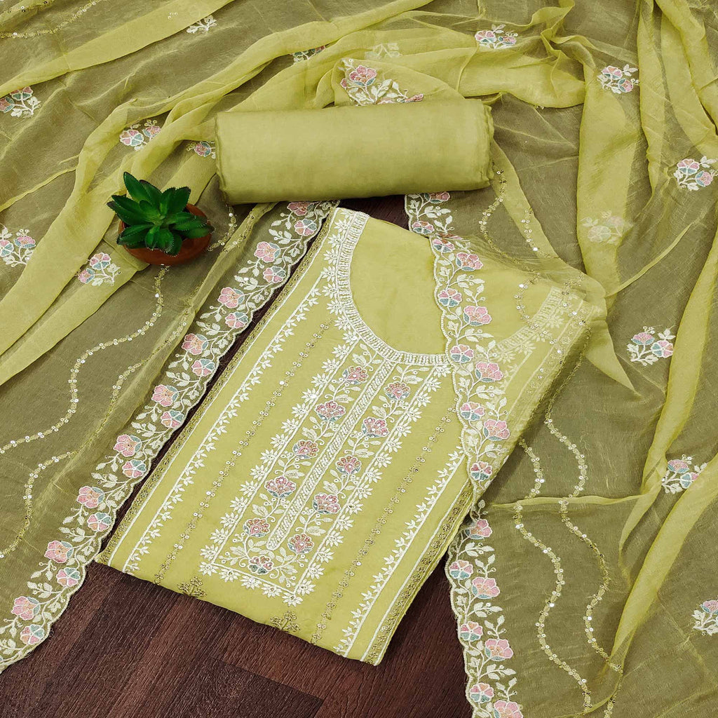 Green Floral Sequins Embroidered Organza Dress Material