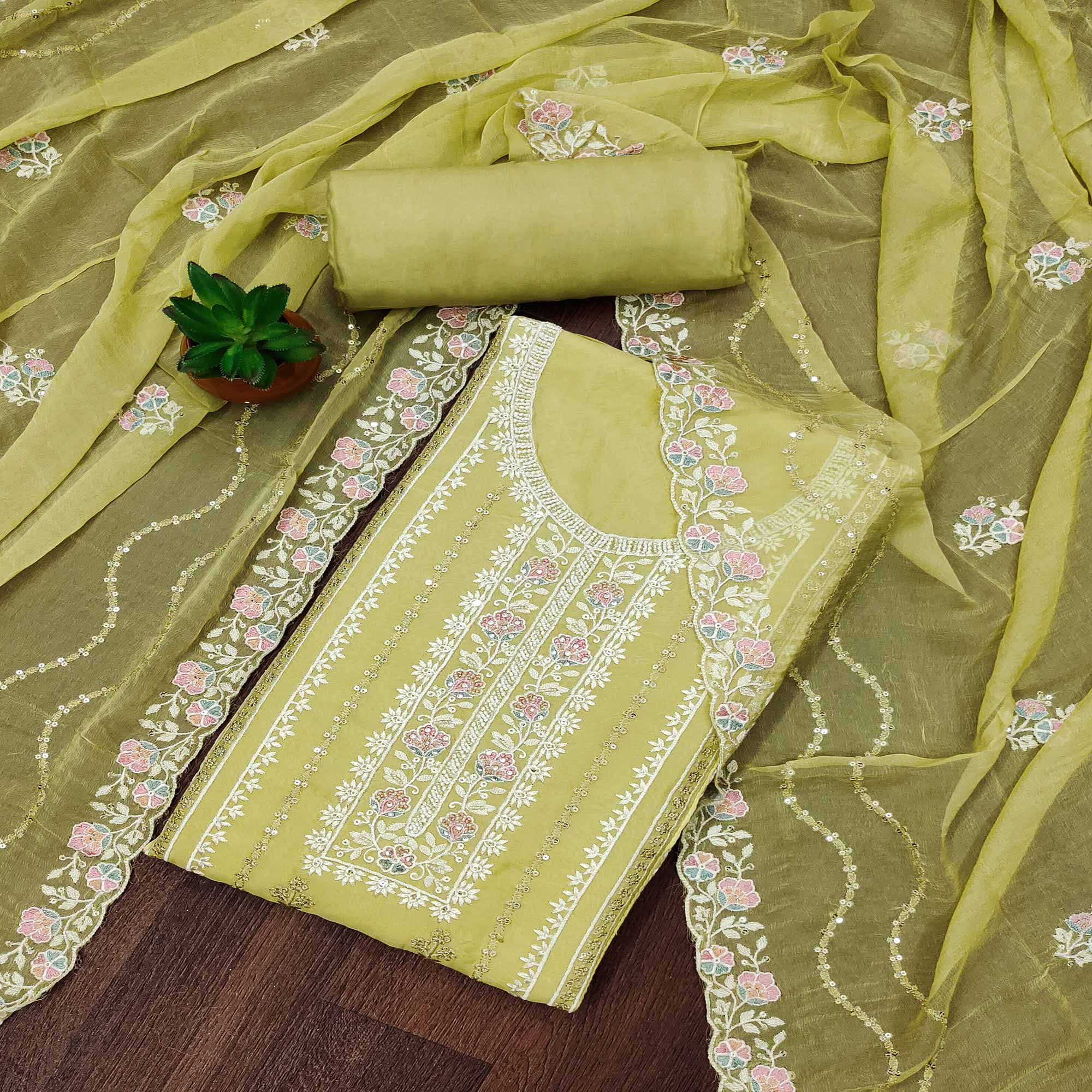 Green Floral Sequins Embroidered Organza Dress Material