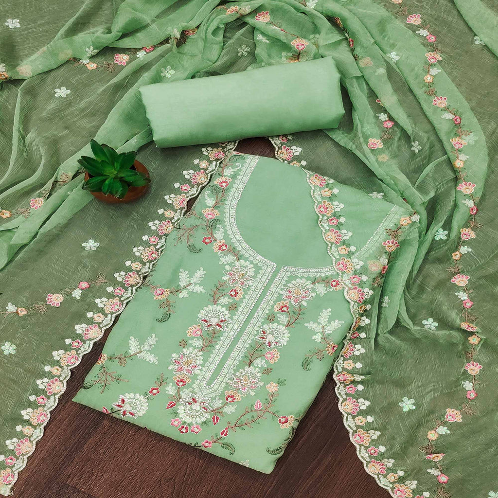 Green Floral Sequins Embroidered Georgette Dress Material