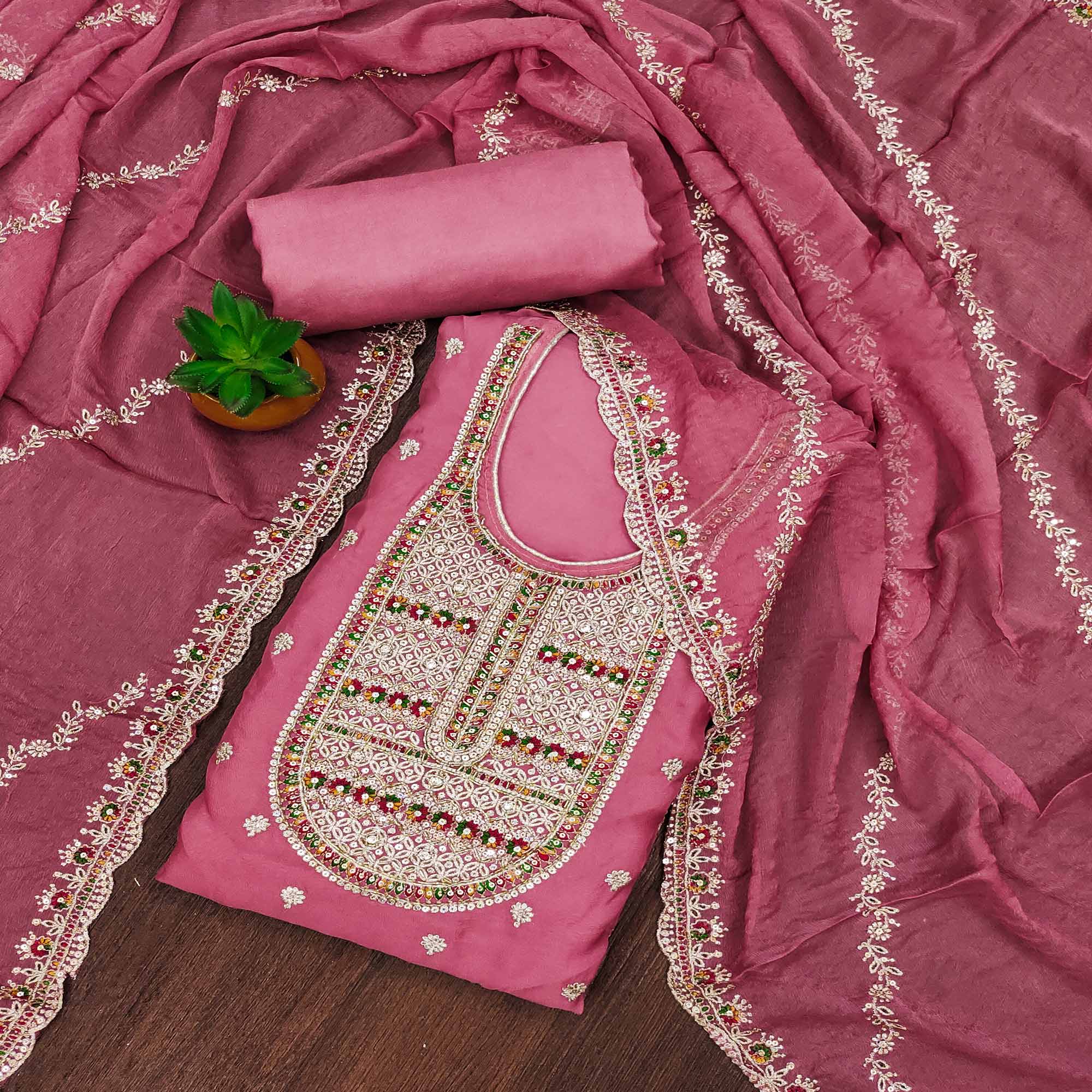 Dusty Pink Embroidered Organza Dress Material