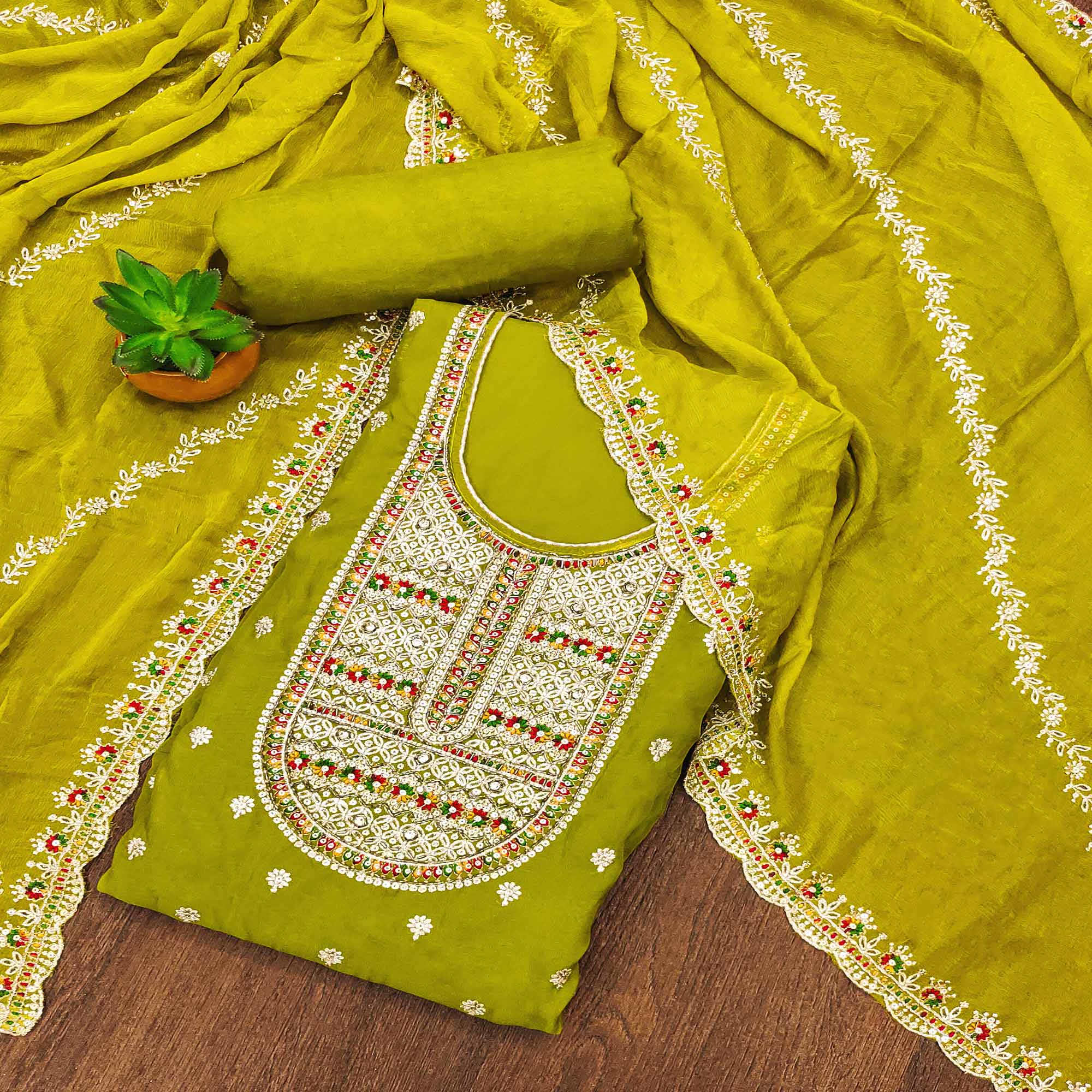 Green Embroidered Organza Dress Material