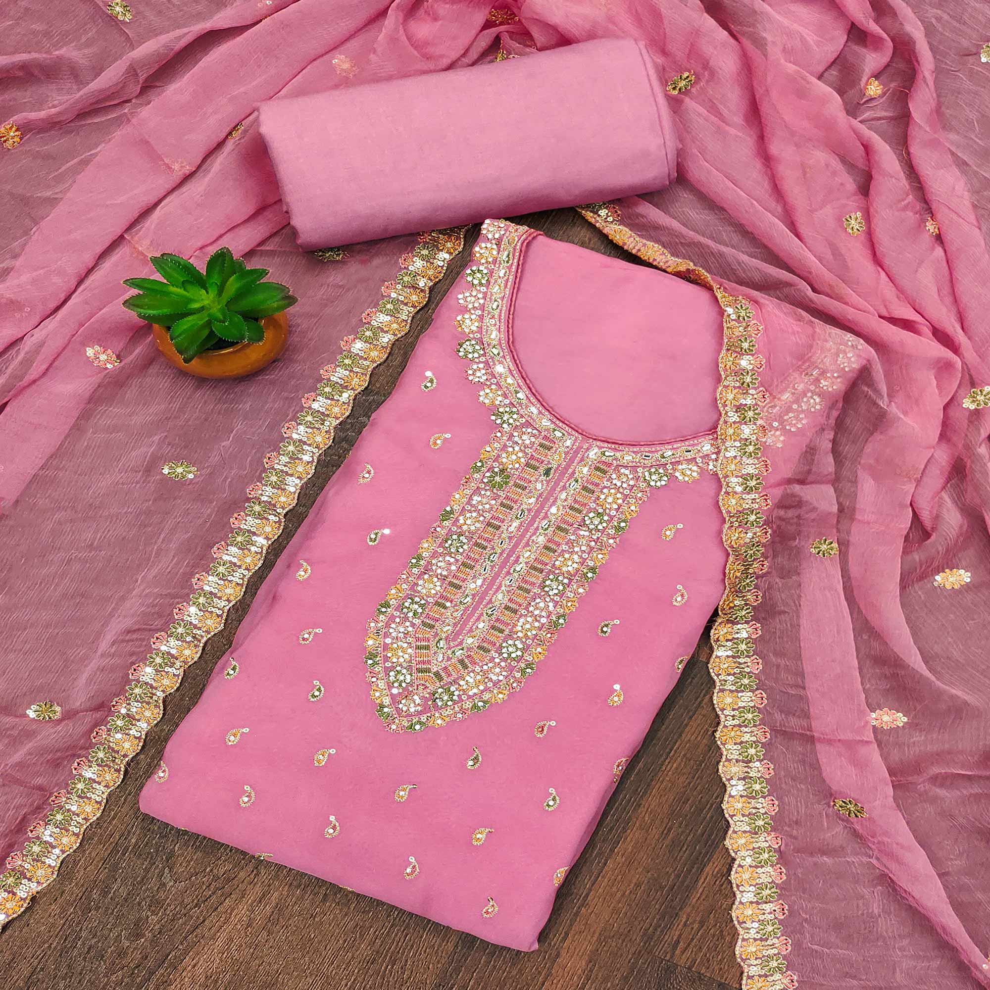 Pink Sequins Embroidered With Mirror Work Organza Dress Material