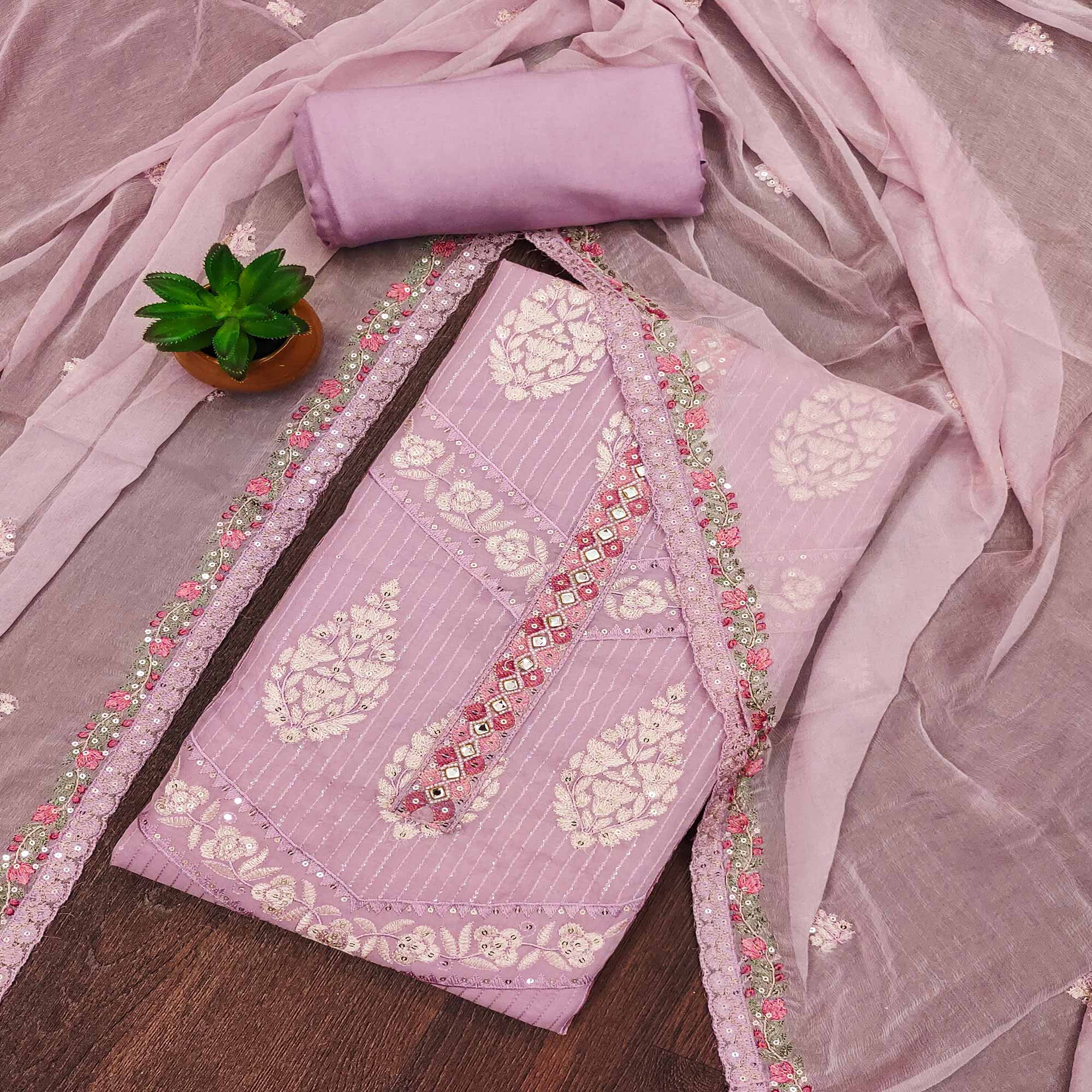 Light Purple Floral Sequins Embroidered Organza Dress Material