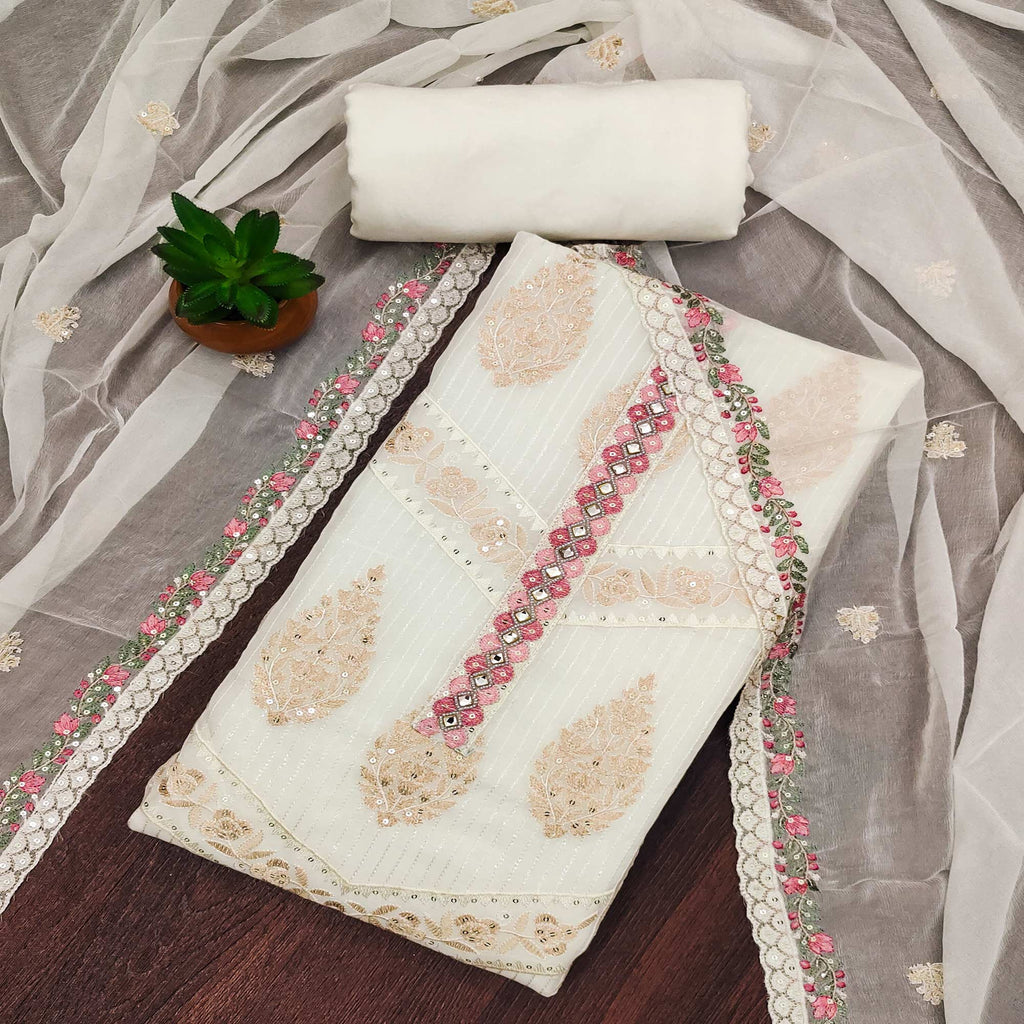 Offwhite Floral Sequins Embroidered Organza Dress Material