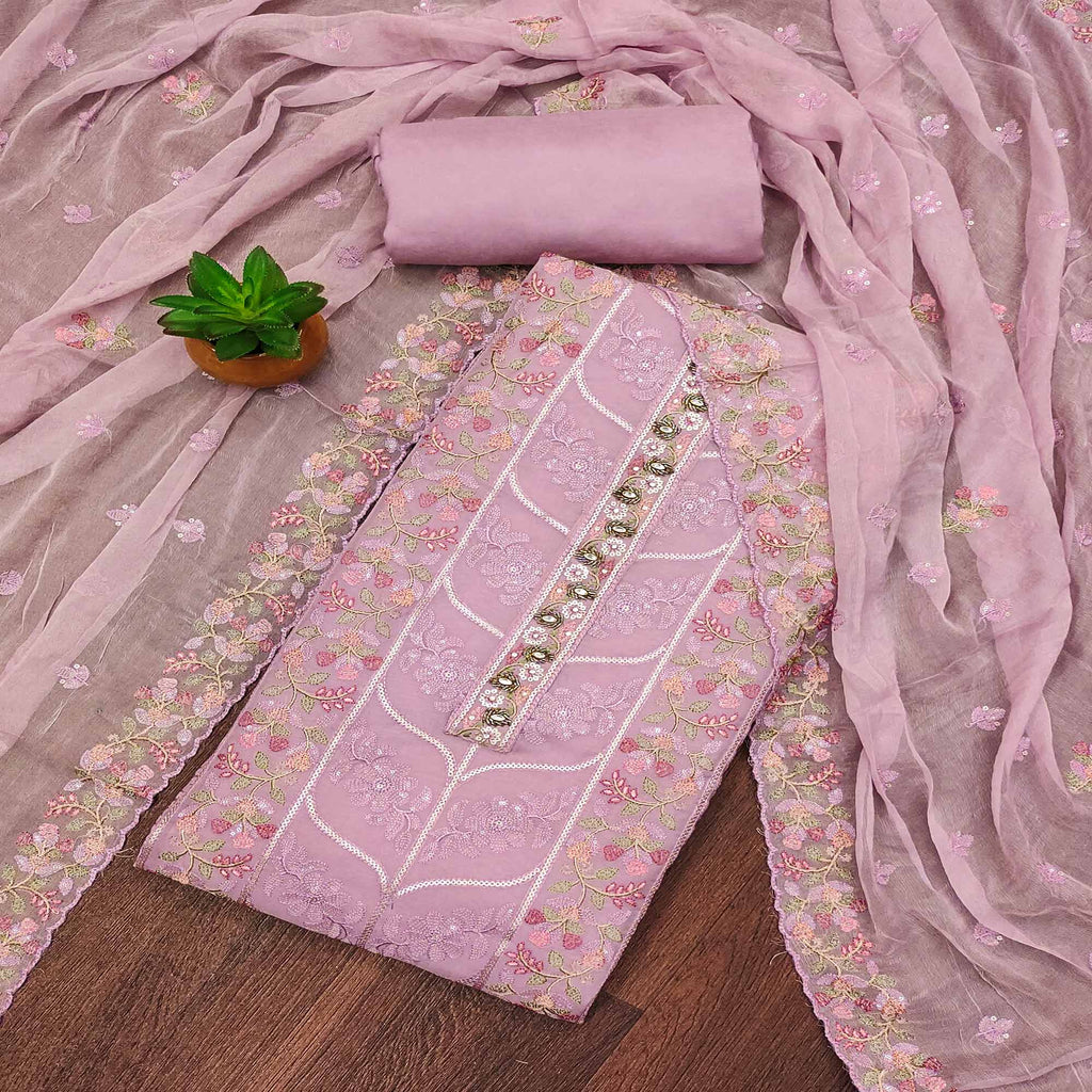 Light Purple Floral Sequins Embroidered Organza Dress Material