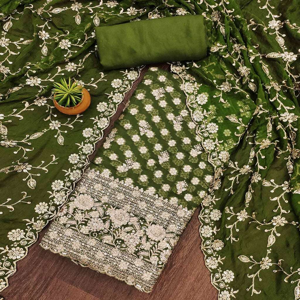 Green Floral Embroidered With Woven Georgette Dress Material