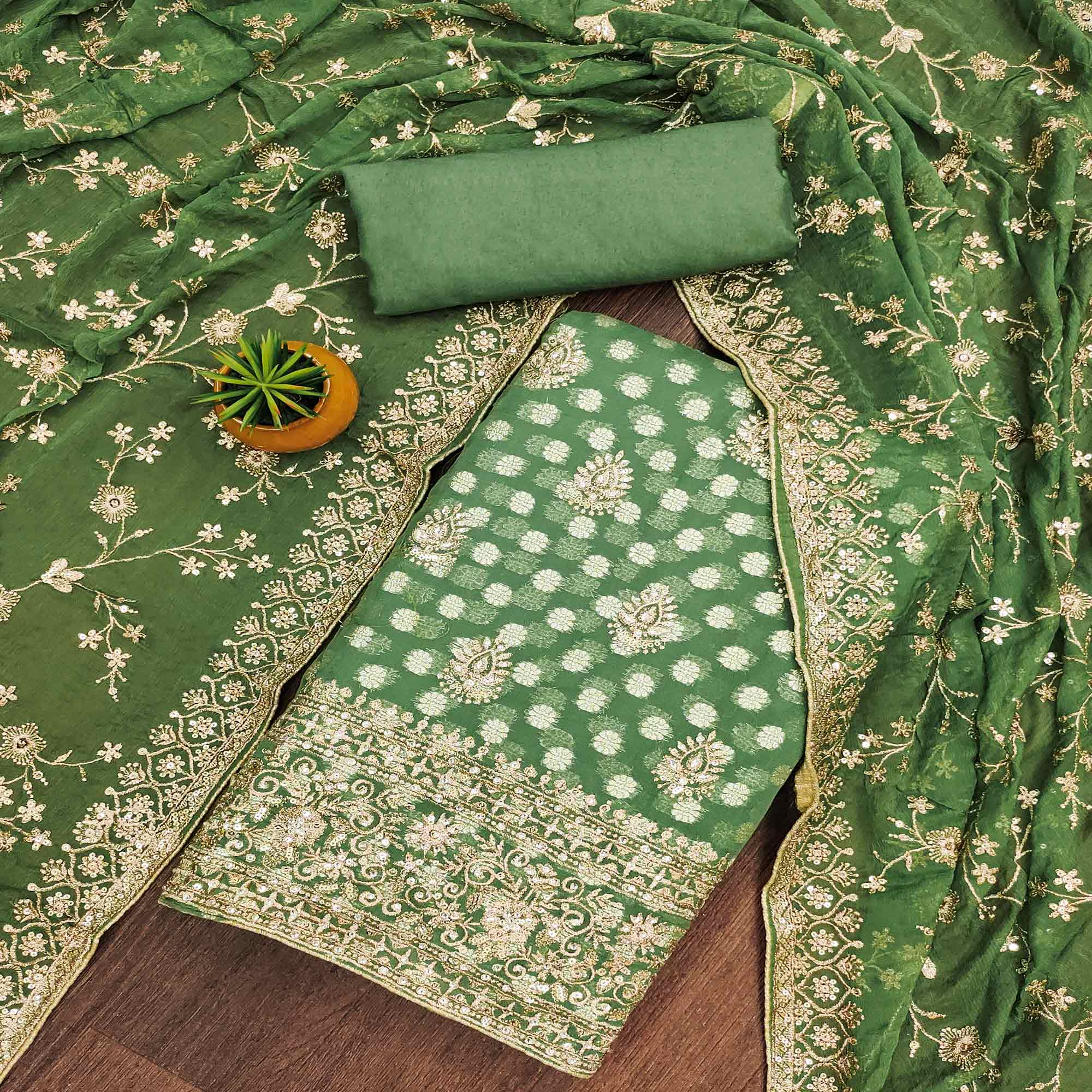 Green Floral Embroidered With Woven Georgette Dress Material