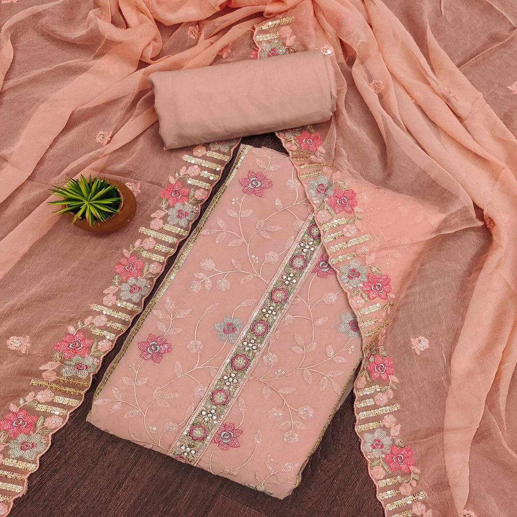 Peach Floral Embroidered Organza Dress Material