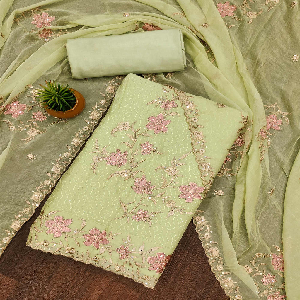 Green Floral Embroidered Organza Dress Material