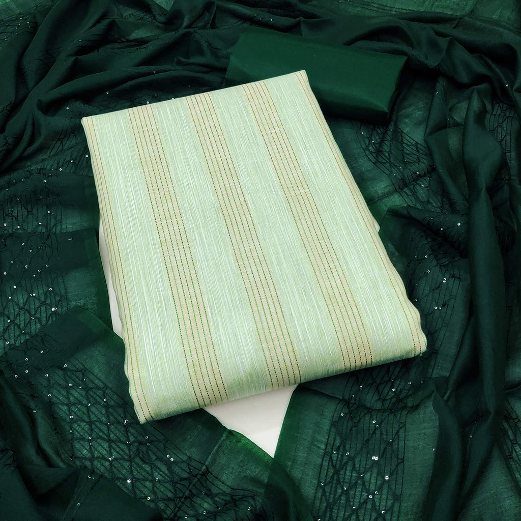 Green Striped Woven Pure Cotton Dress Material