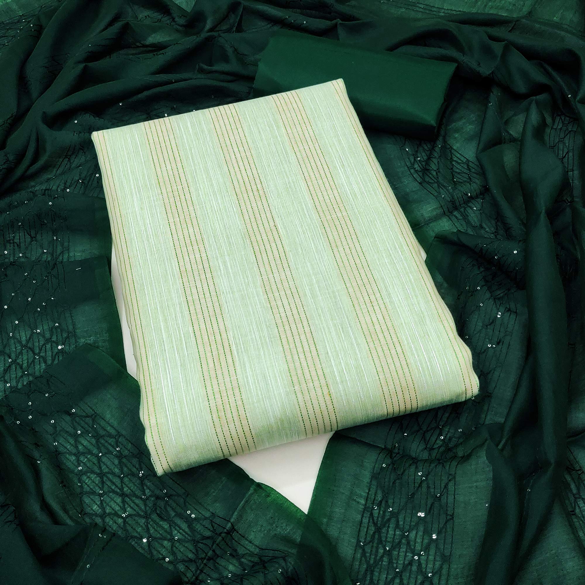 Green Striped Woven Pure Cotton Dress Material