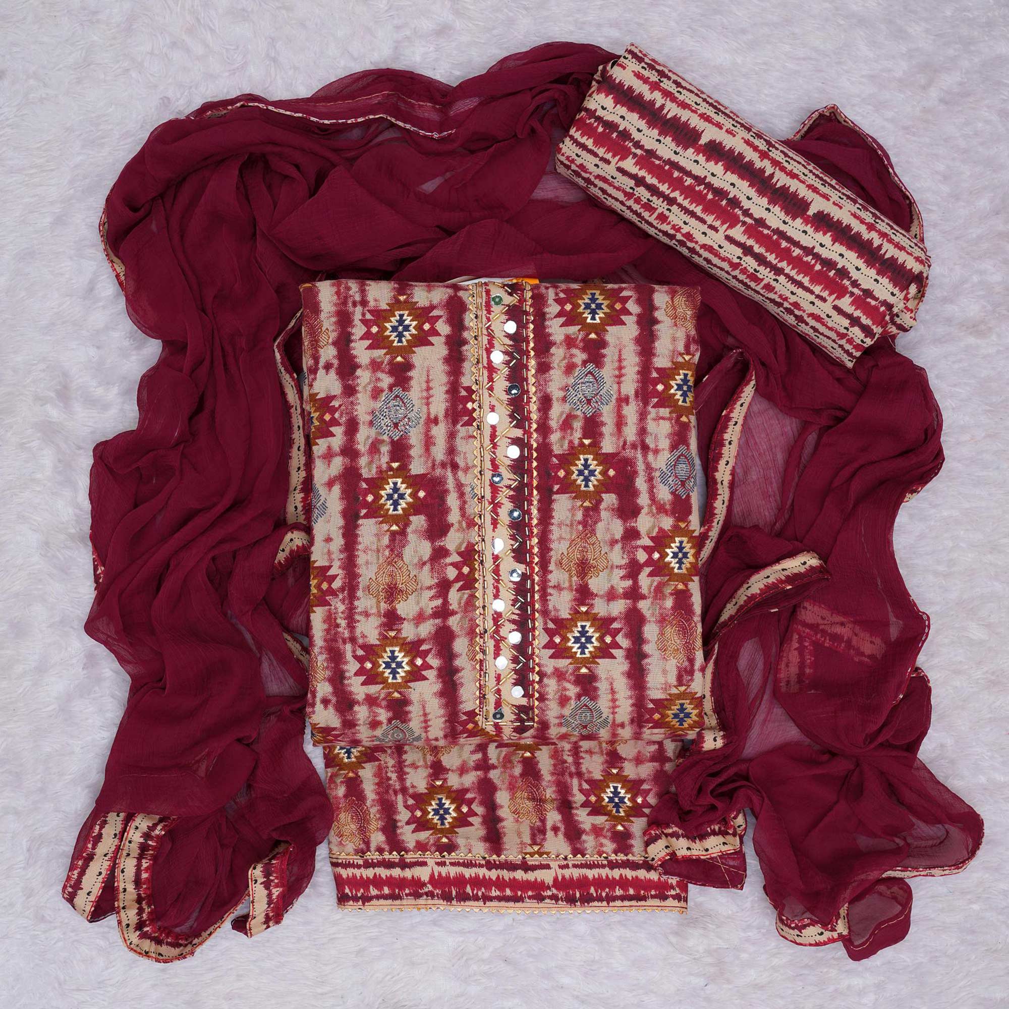 Maroon Foil Printed Cotton Blend Dress Material