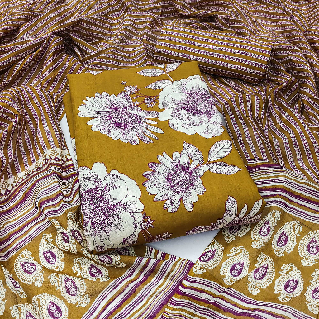 Mustard Floral Printed Pure Cotton Dress Material