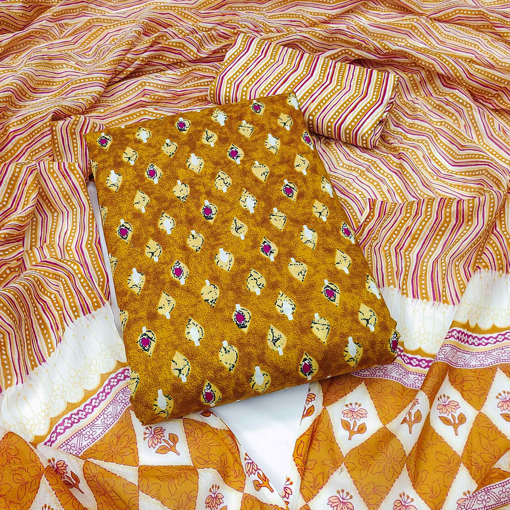 Mustard Floral Printed Pure Cotton Dress Material