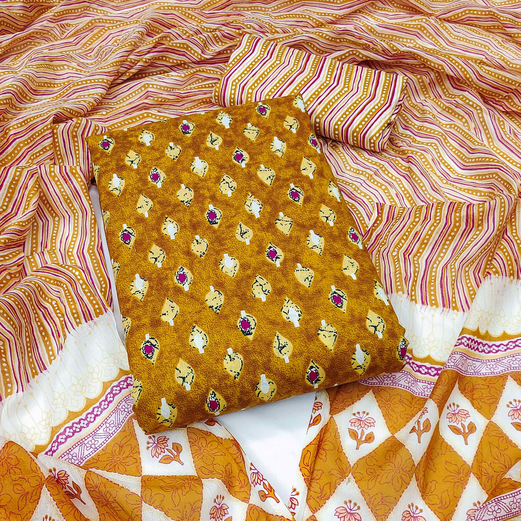 Mustard Floral Printed Pure Cotton Dress Material