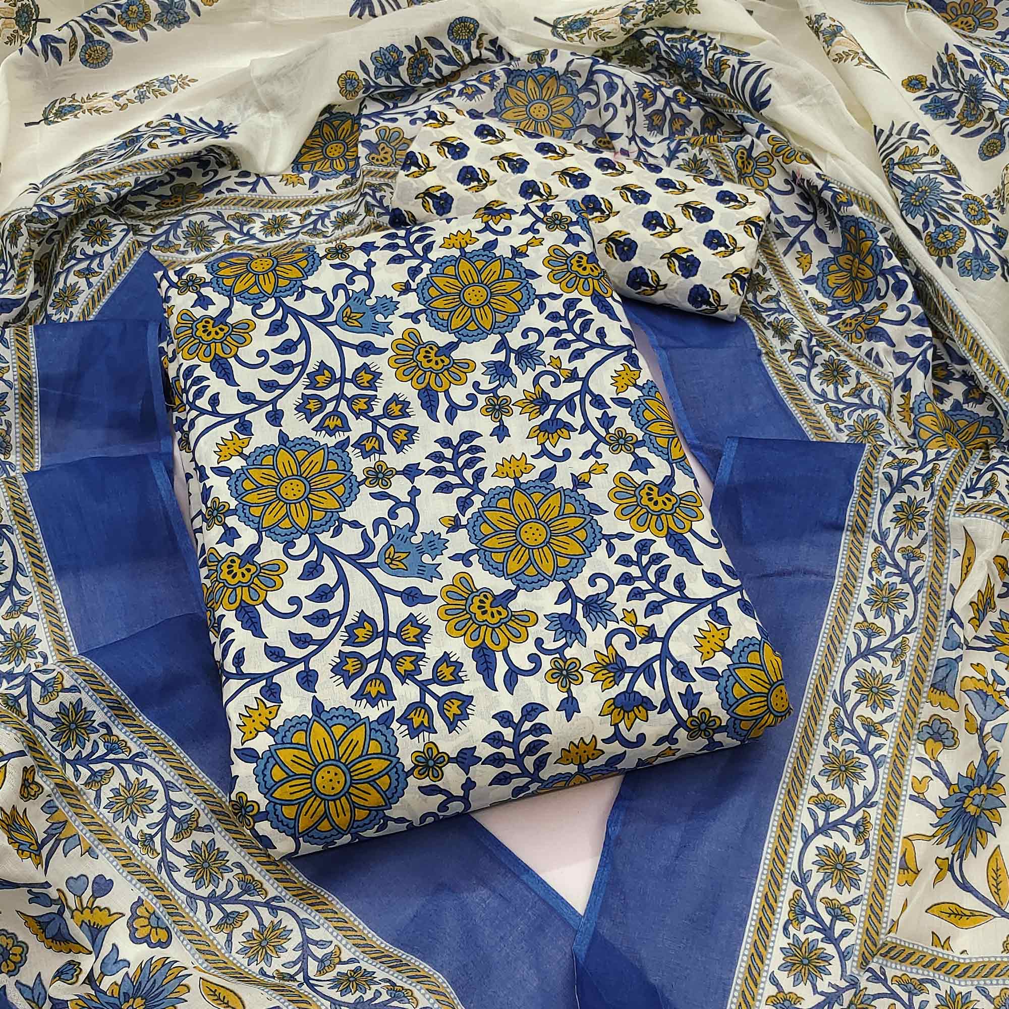 Navy Blue Floral Printed Pure Cotton Dress Material