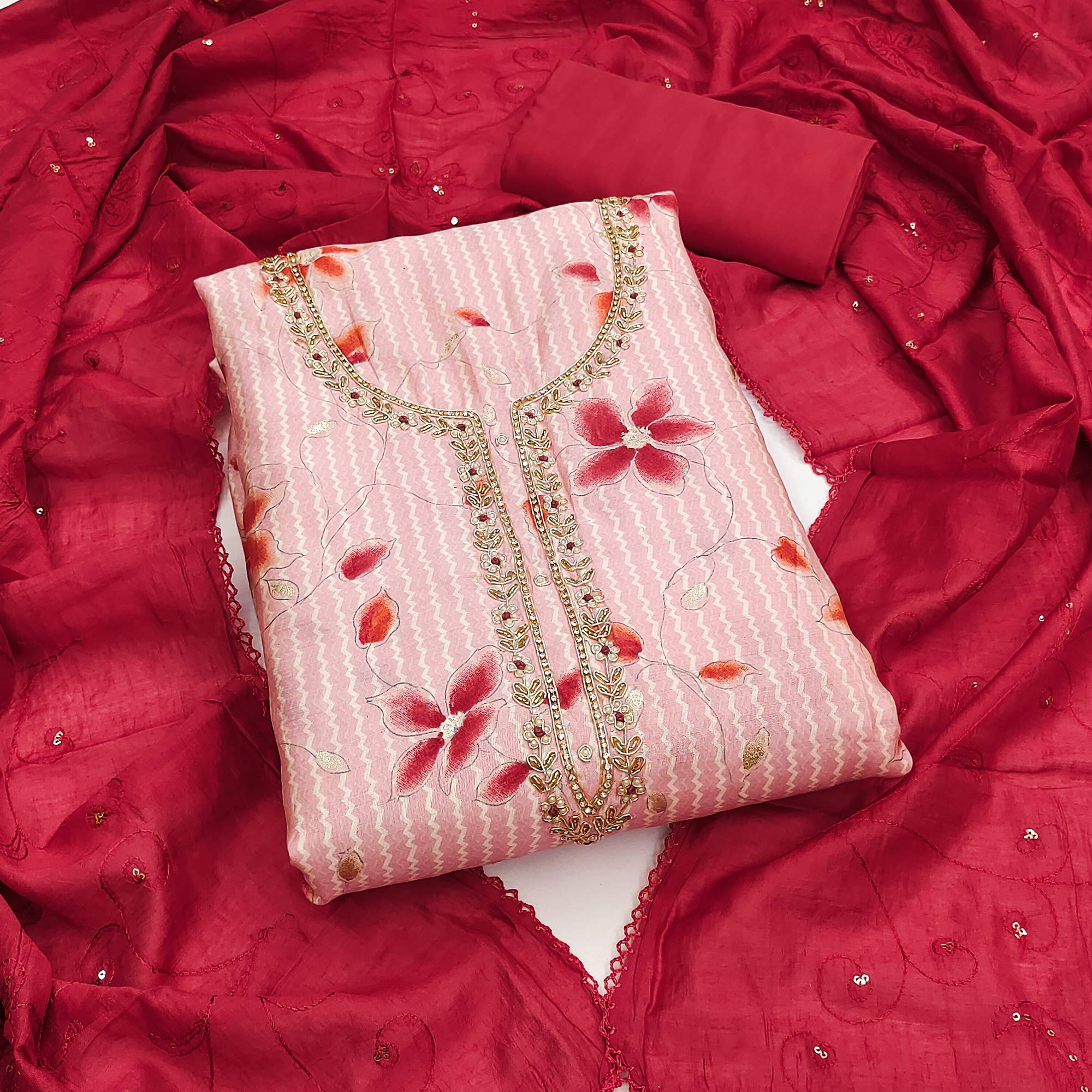 Pink Floral Printed Cotton Silk Dress Material