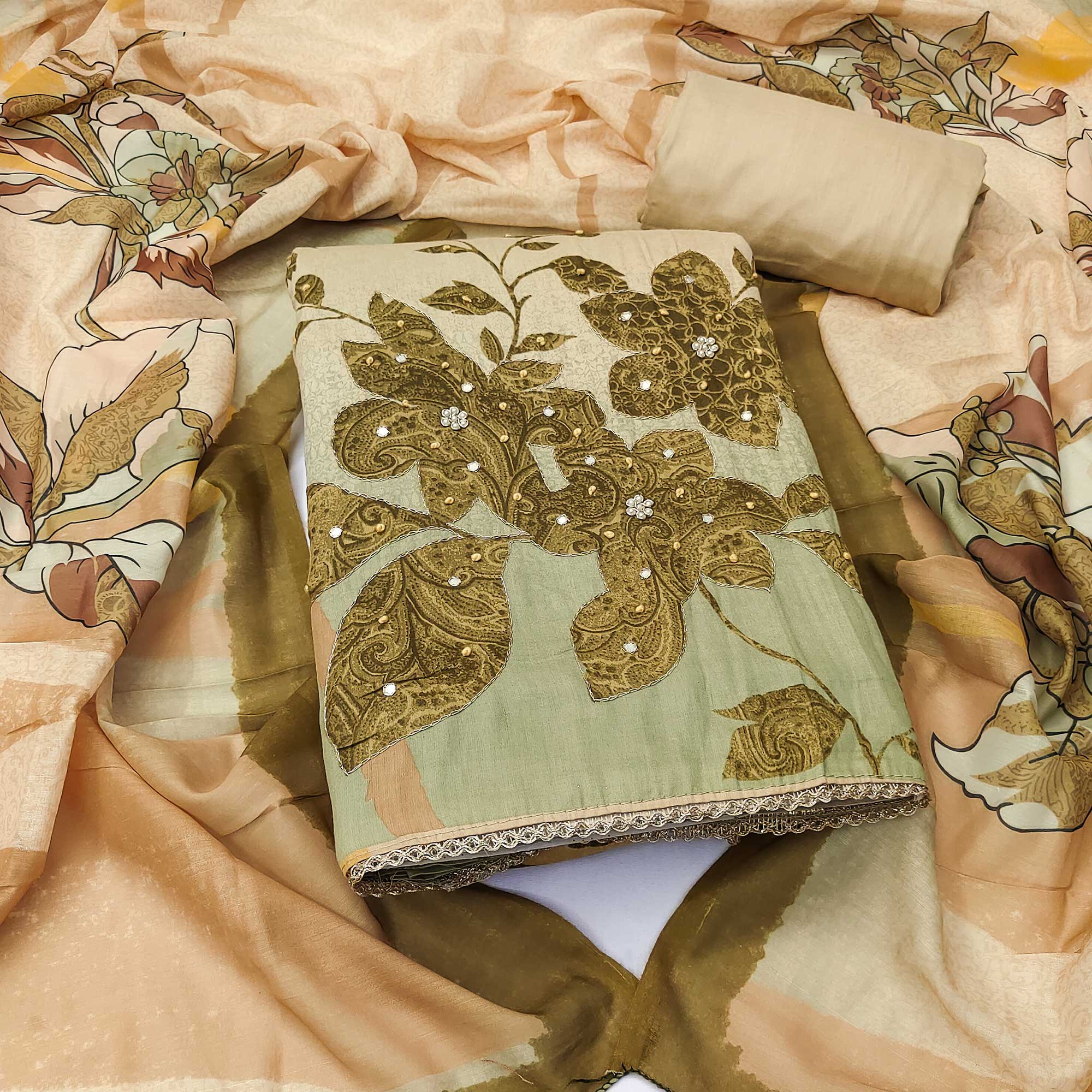 Olive & Beige Floral Print Cotton Fabric with Intricate Beads Work