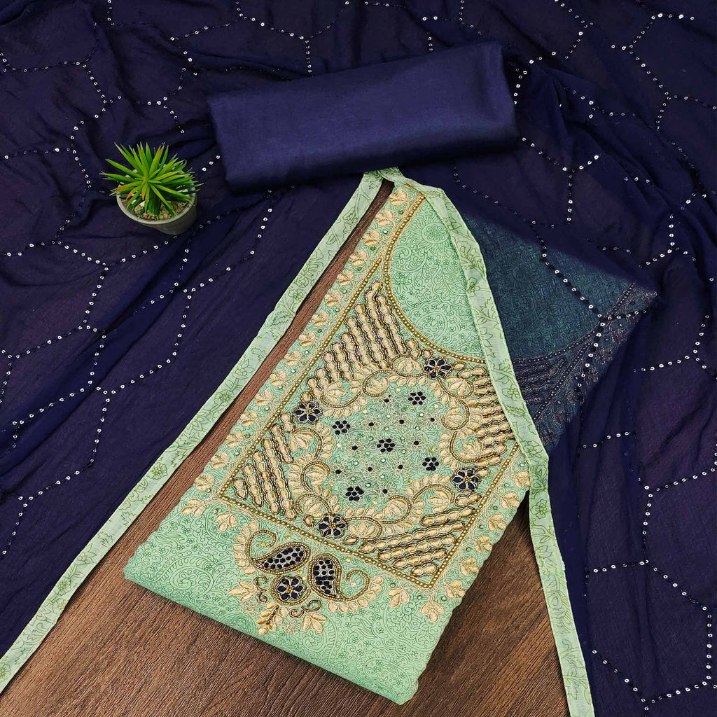 Green Floral Printed Chanderi Dress Material