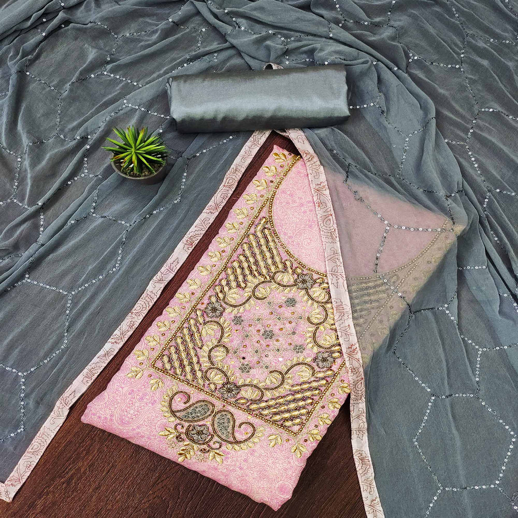 Pink Floral Printed Chanderi Dress Material