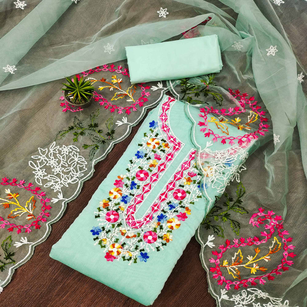 Blue Floral Embroidered Chanderi Dress Material