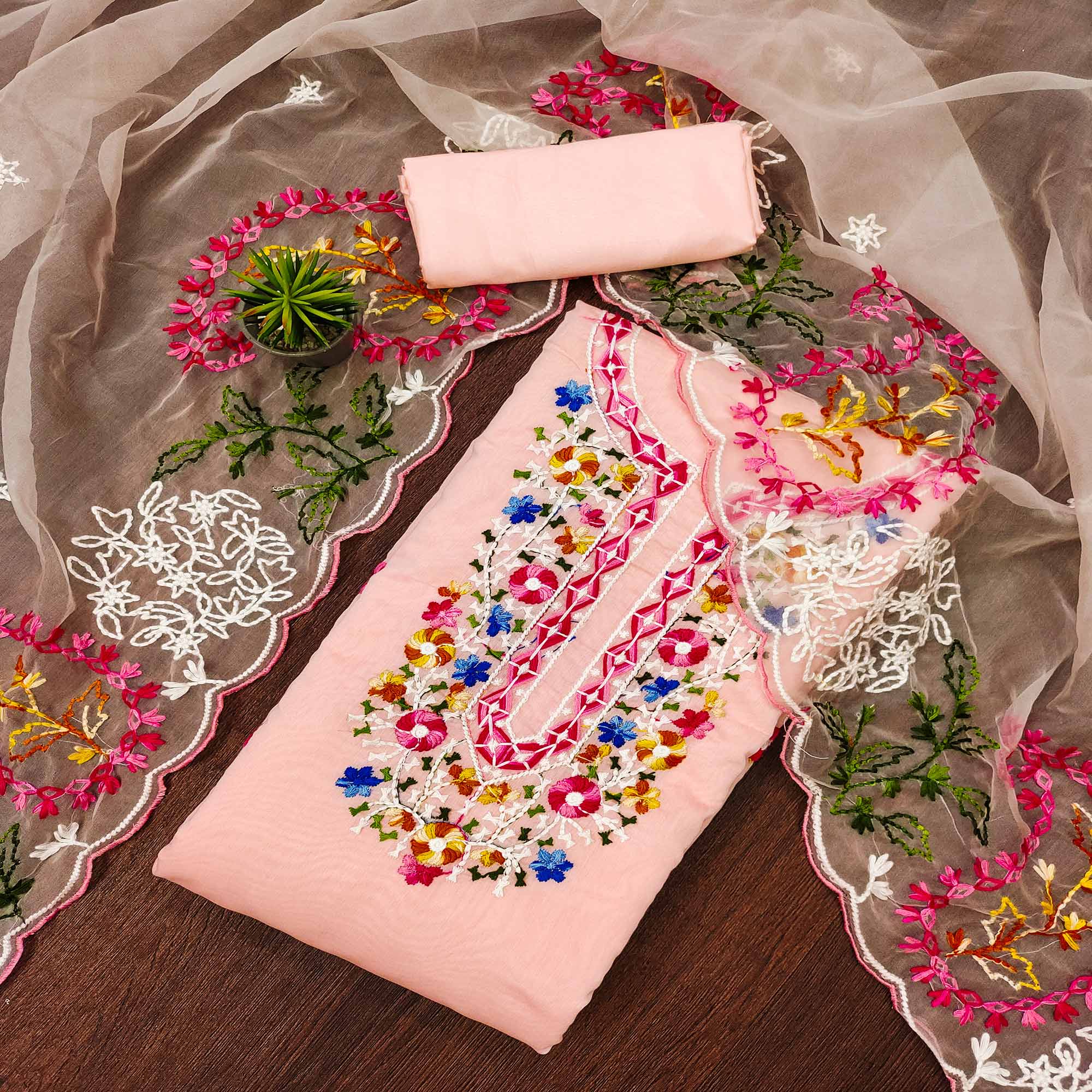 Peach Floral Embroidered Chanderi Dress Material