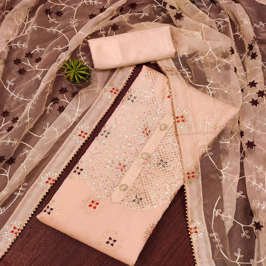 Peach Floral Foil Printed Chanderi Dress Material