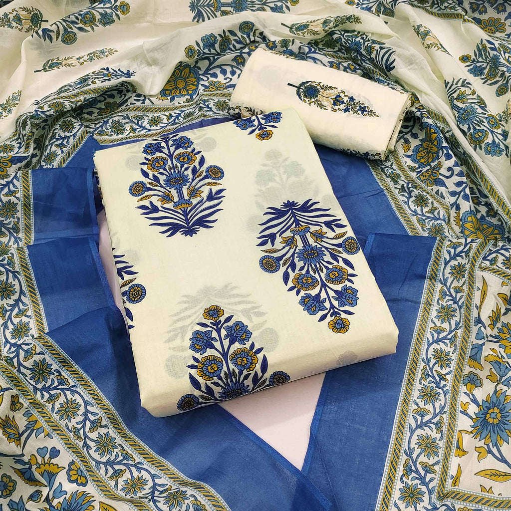 Navy Blue Floral Printed Pure Cotton Dress Material