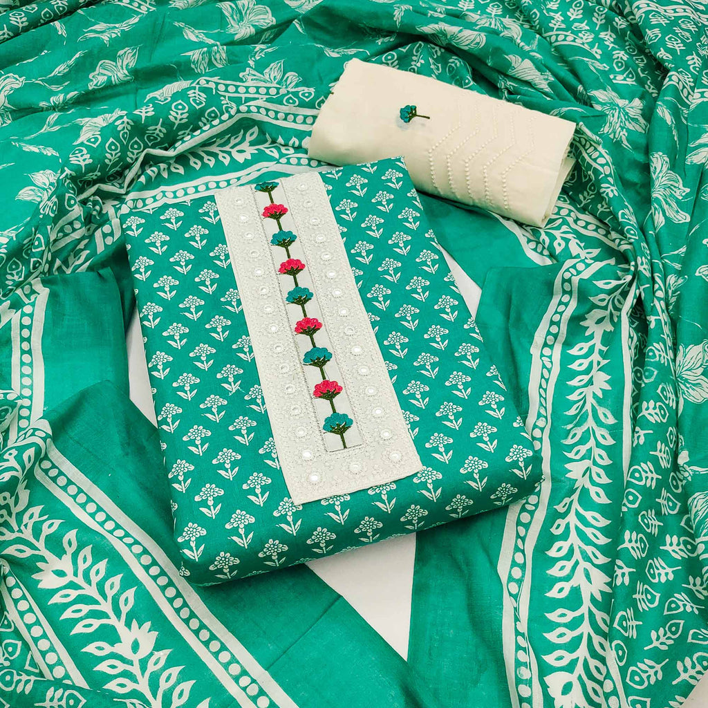 Floral Printed Pure Cotton Dress Material in Radiant Rama Green Tone