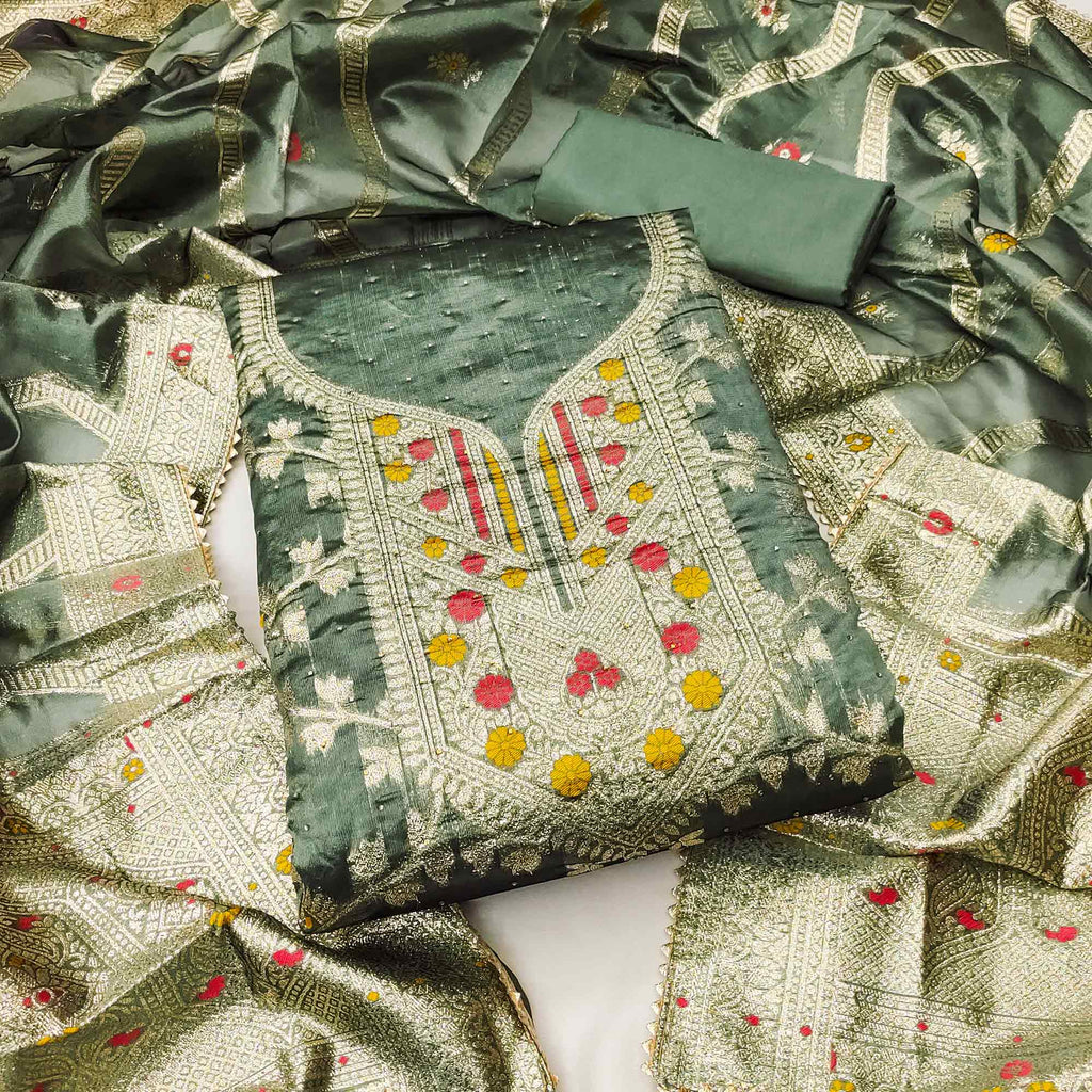 Green Woven Organza Dress Material