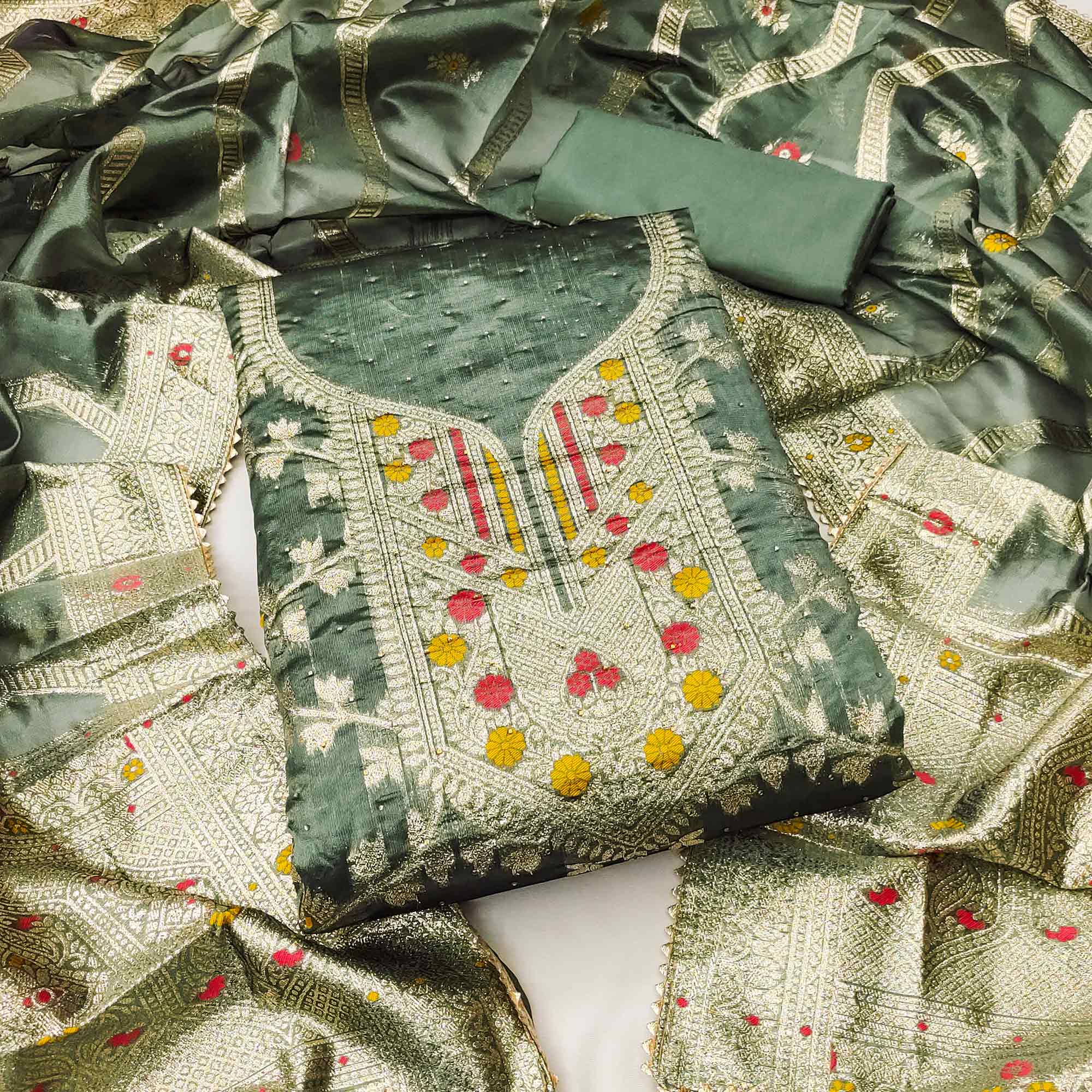 Green Woven Organza Dress Material