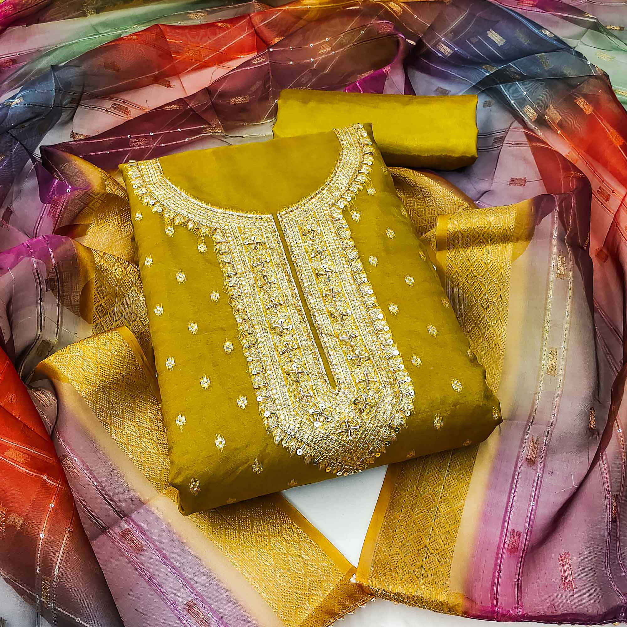 Olive Butti Design Woven Organza Dress Material