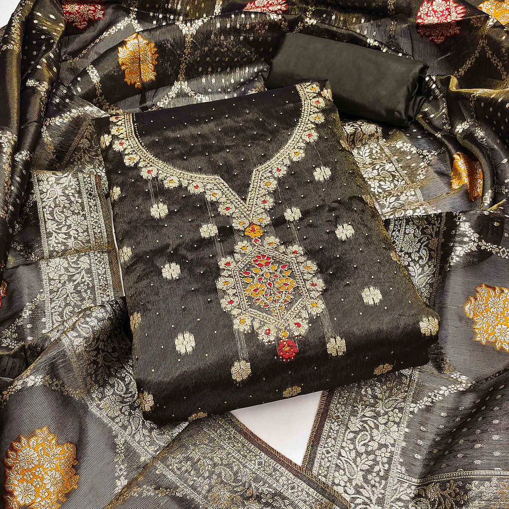 Dark Grey Woven With Stonework Shimmer Jacquard Dress Material