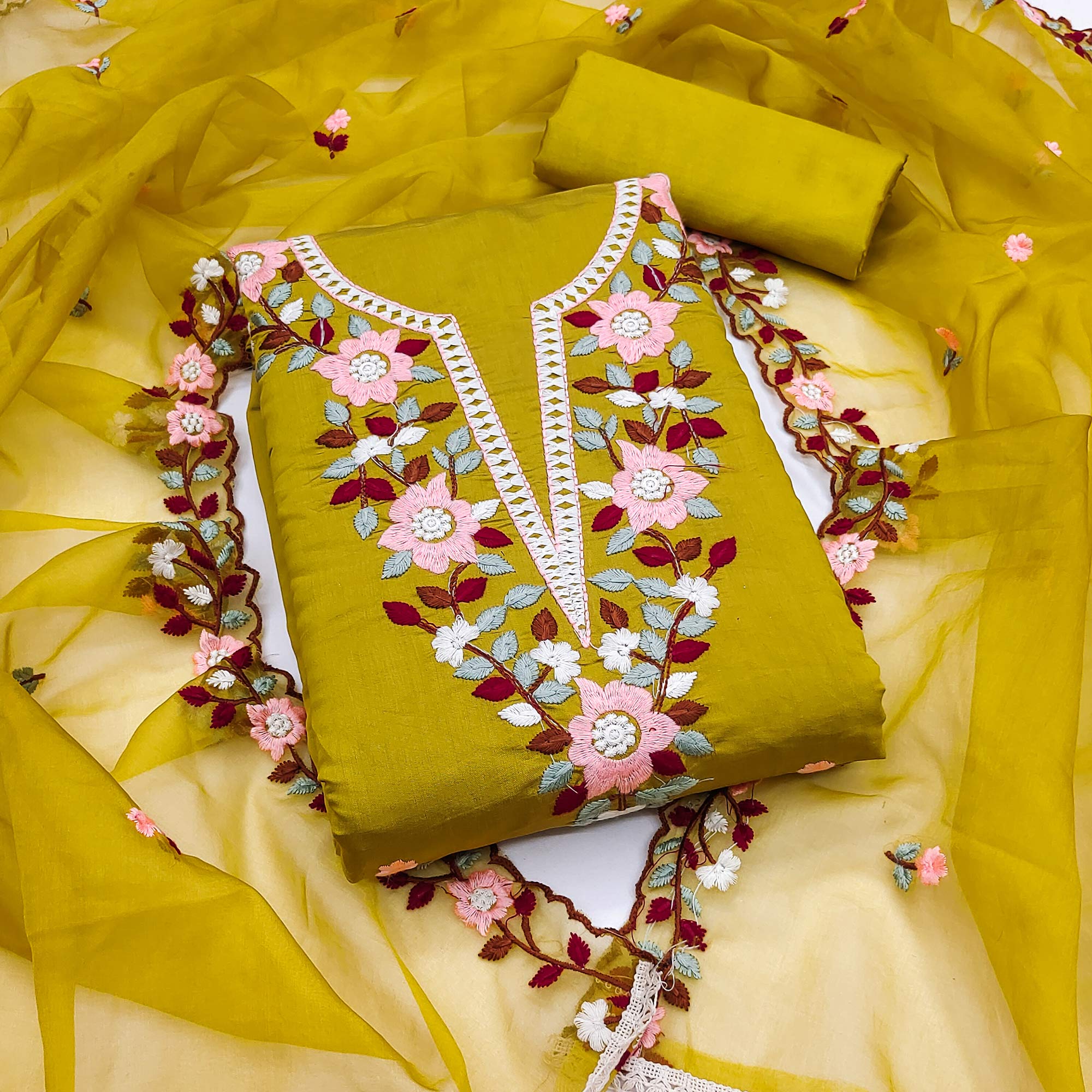 Green Floral Embroidered Roman Cotton Silk Dress Material