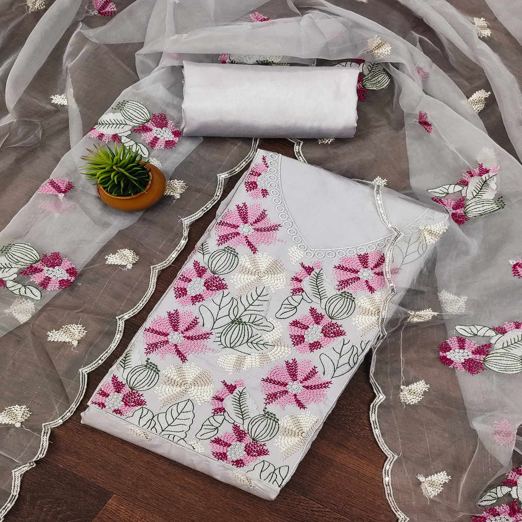 Grey Floral Embroidered Cotton Blend Dress Material