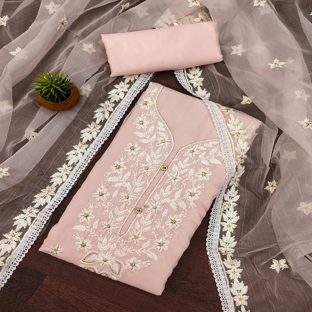 Peach Floral Embroidered Cotton Blend Dress Material